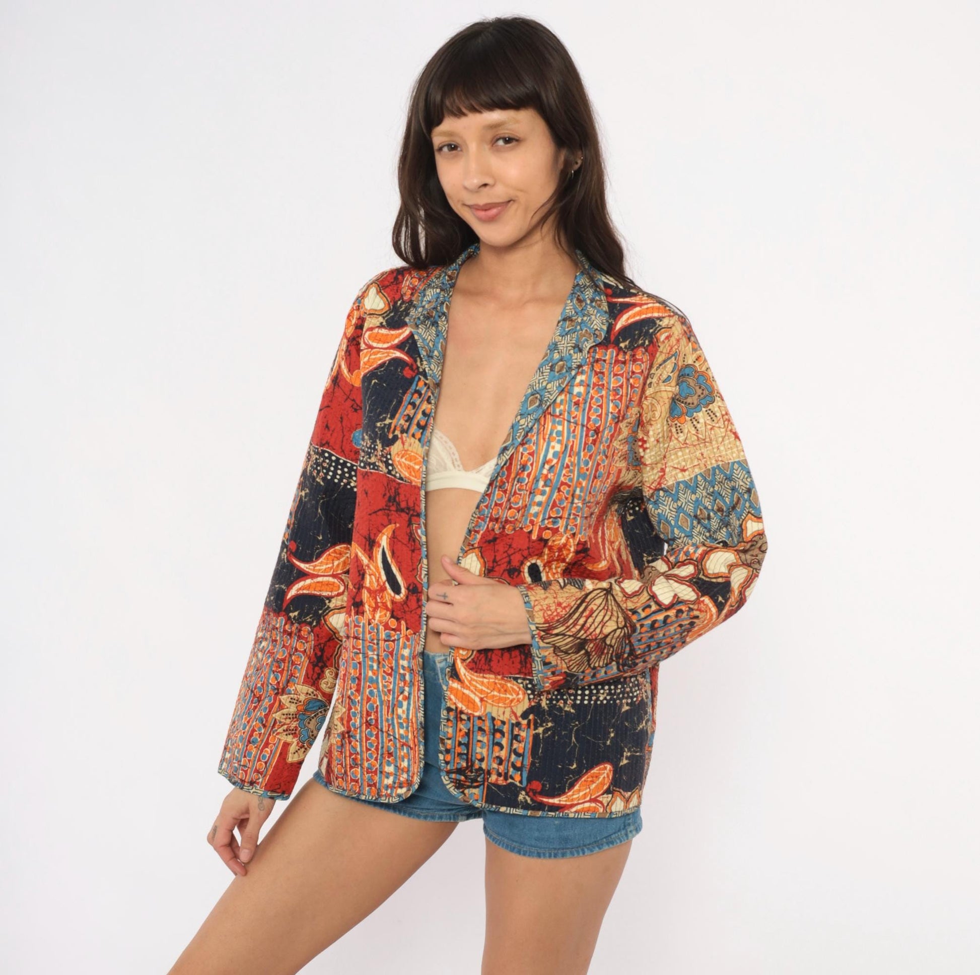 2000s Alfred Dunner Batik Patchwork Quilted Blazer Navy Red Orange Small