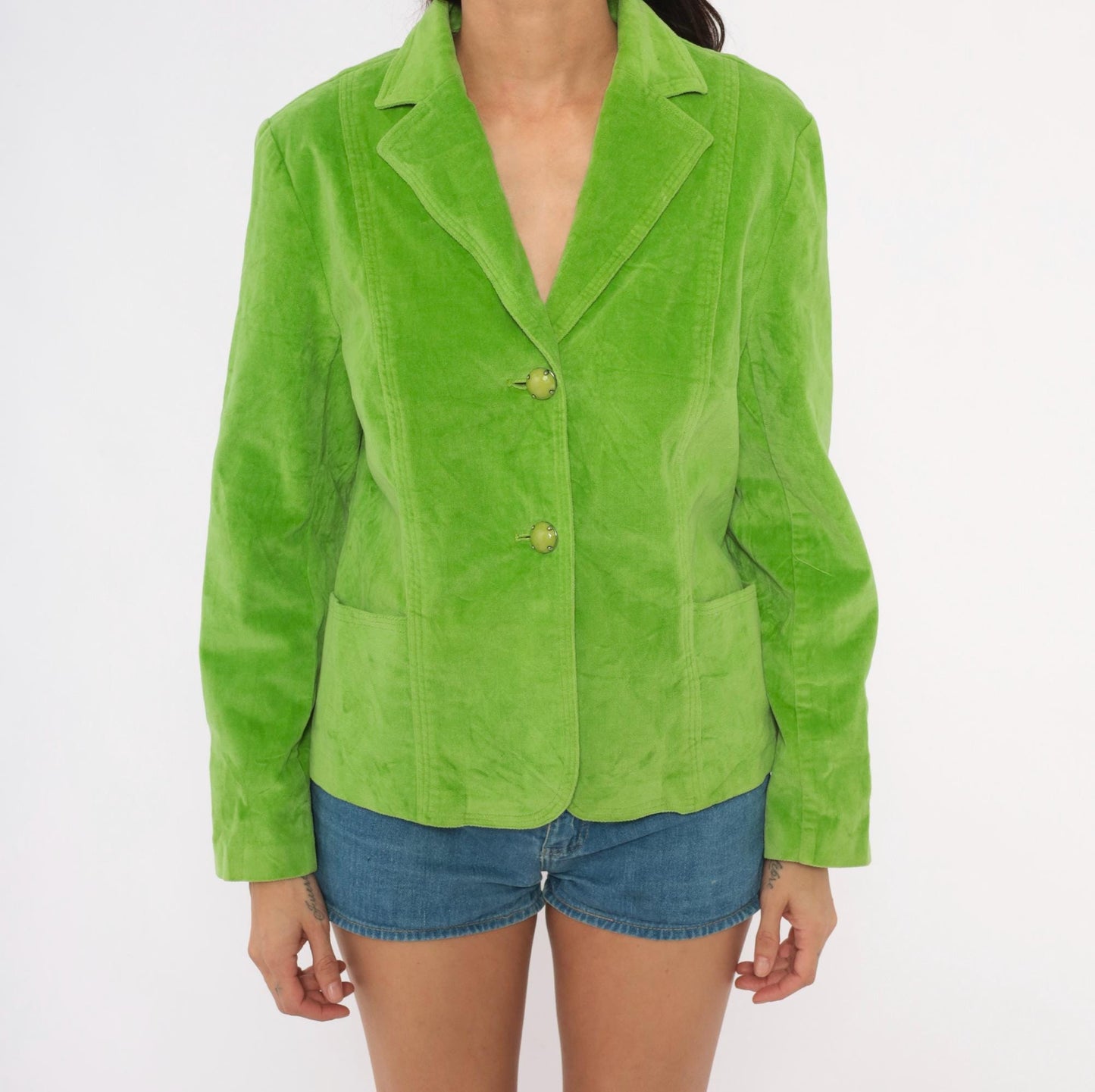 2000s RQT Lime Green Velvet Blazer Cotton Fitted Two-Button Jacket Large L