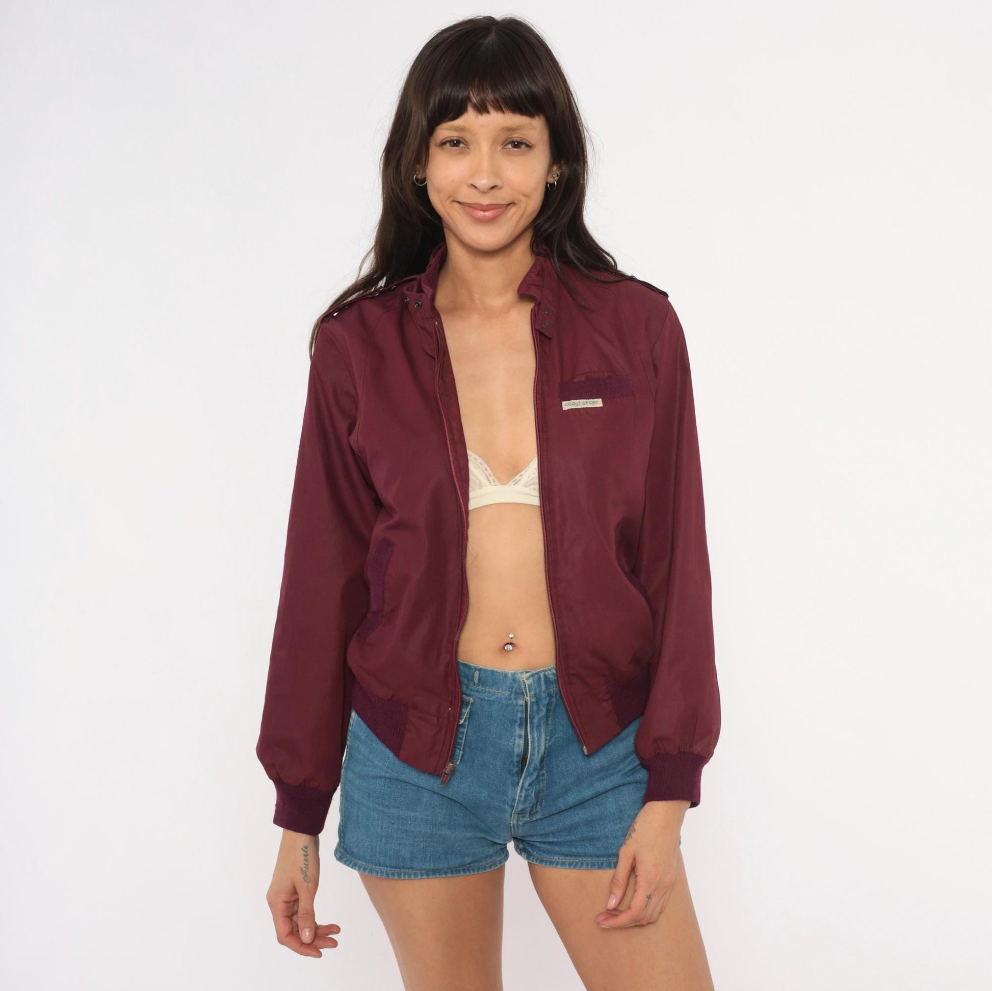 80s Coqui Sport Burgundy Bomber Jacket Ribbed Knit Epaulette Extra Small XS