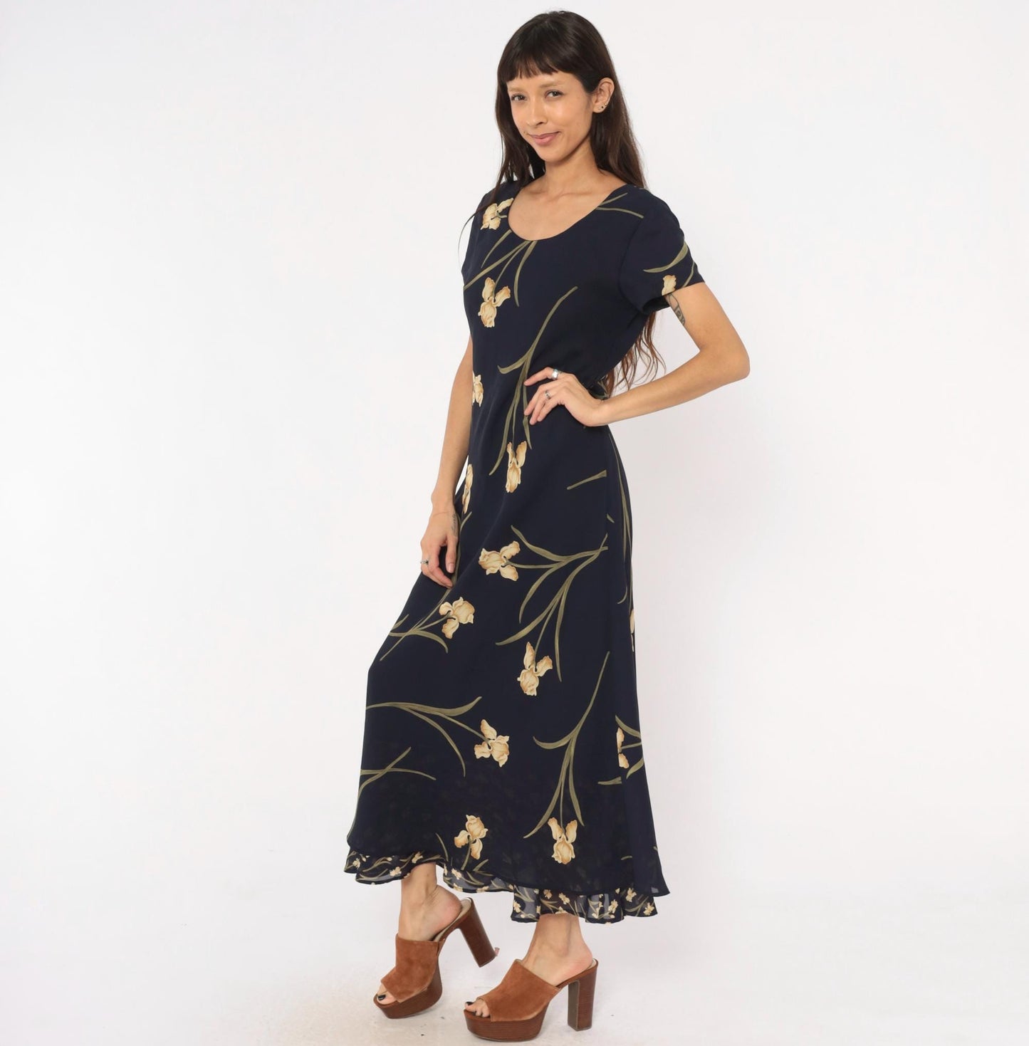 90s Jessica Howard Navy Iris Maxi Dress Botanical Print Medium M