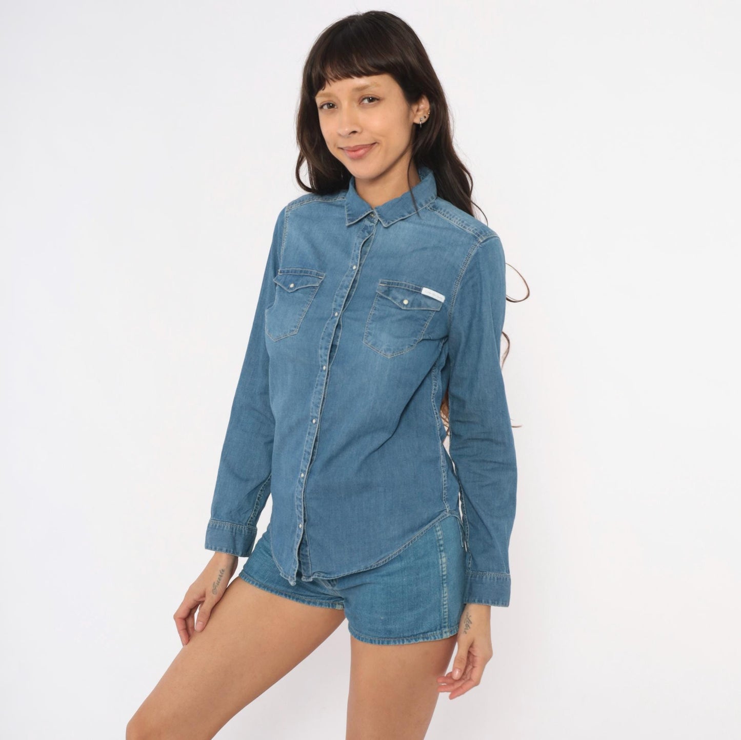Calvin Klein Jeans Denim Shirt Western Snap Button Blue Chambray Small S