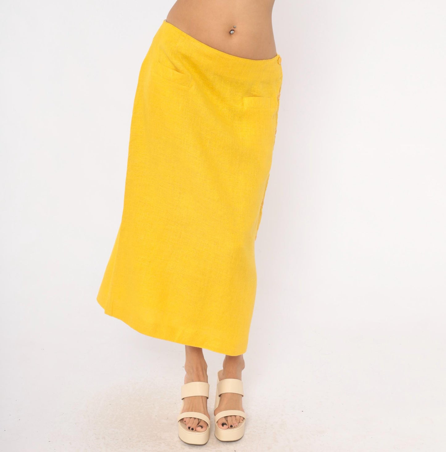 80s Ta. Whitney Linen Midi Skirt Golden Yellow A-Line Large L