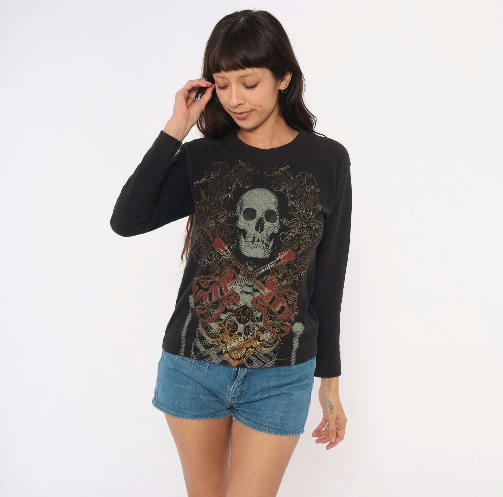 Y2K Skull Crossbones Guitar Long Sleeve Thermal Top Black Medium M