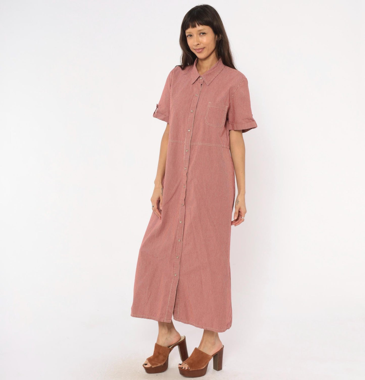 90s White Stag Gingham Shirtdress Red Cream Check Cotton Maxi Extra Large