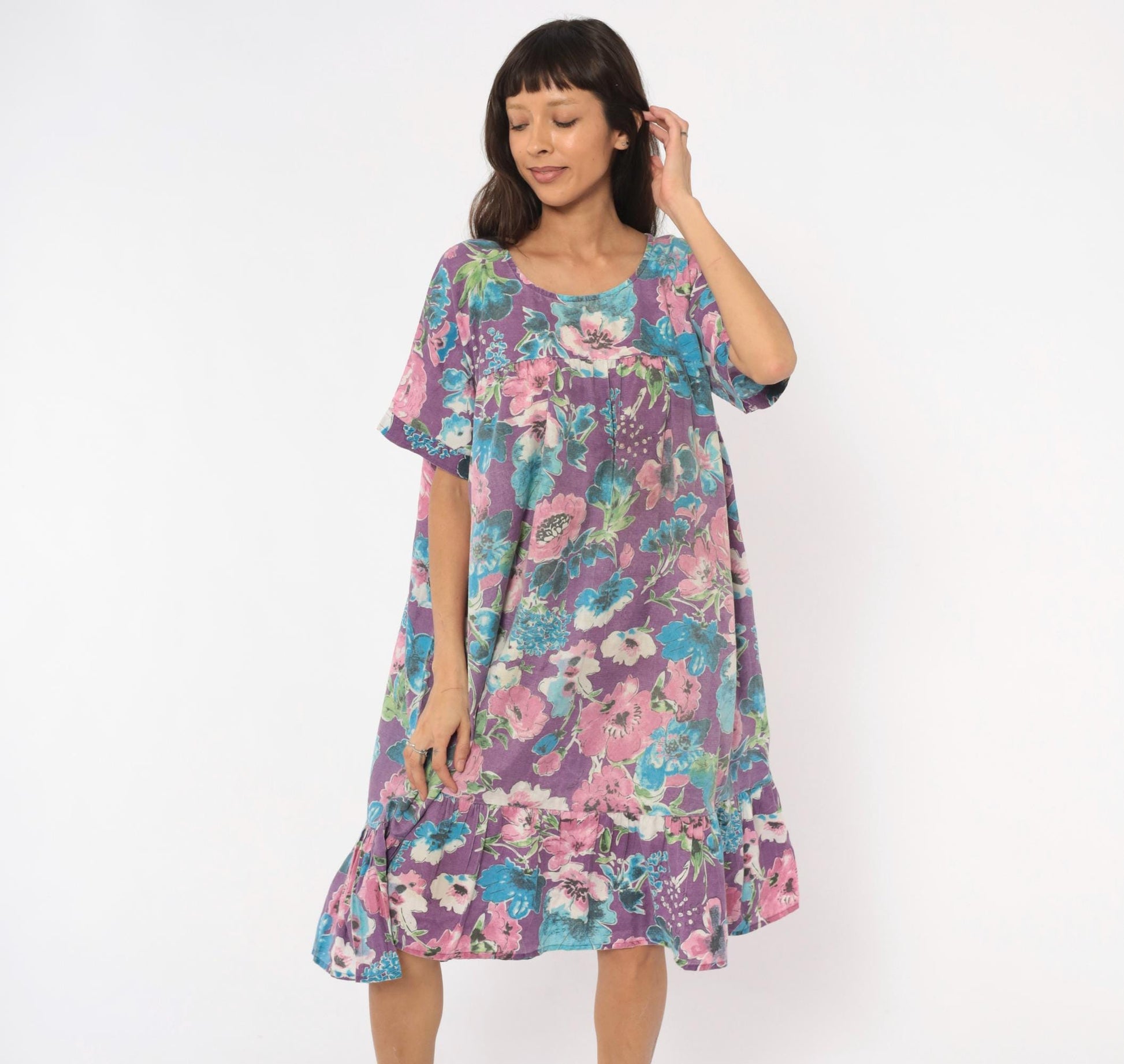 80s CW Classics Floral Watercolor Cotton Dress Purple Pink Blue Knee Length Small
