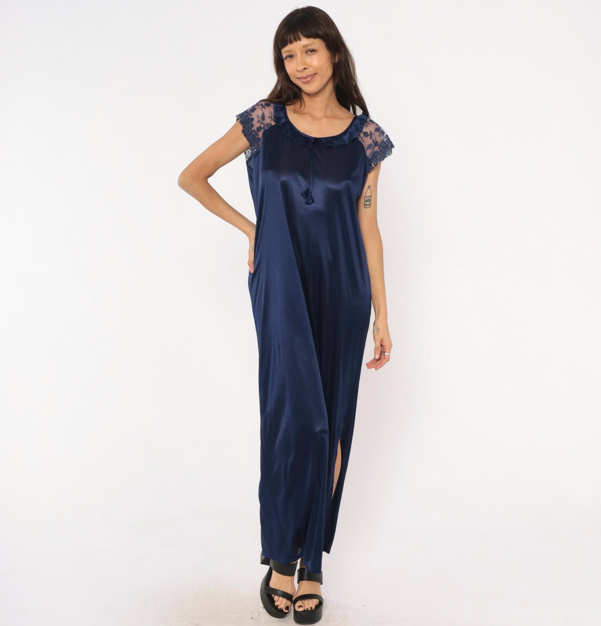 80s Navy Satin Nightgown Lace Cap Sleeve V-Neck Maxi Slip Dress Large