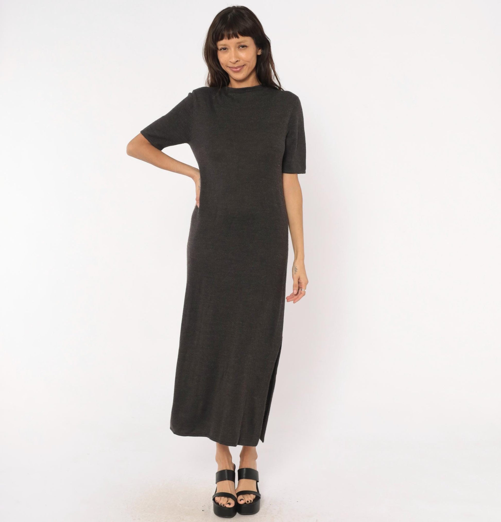 Y2K Nina Leonard Charcoal Knit Maxi Dress Short Sleeve Column Grey Small Petite