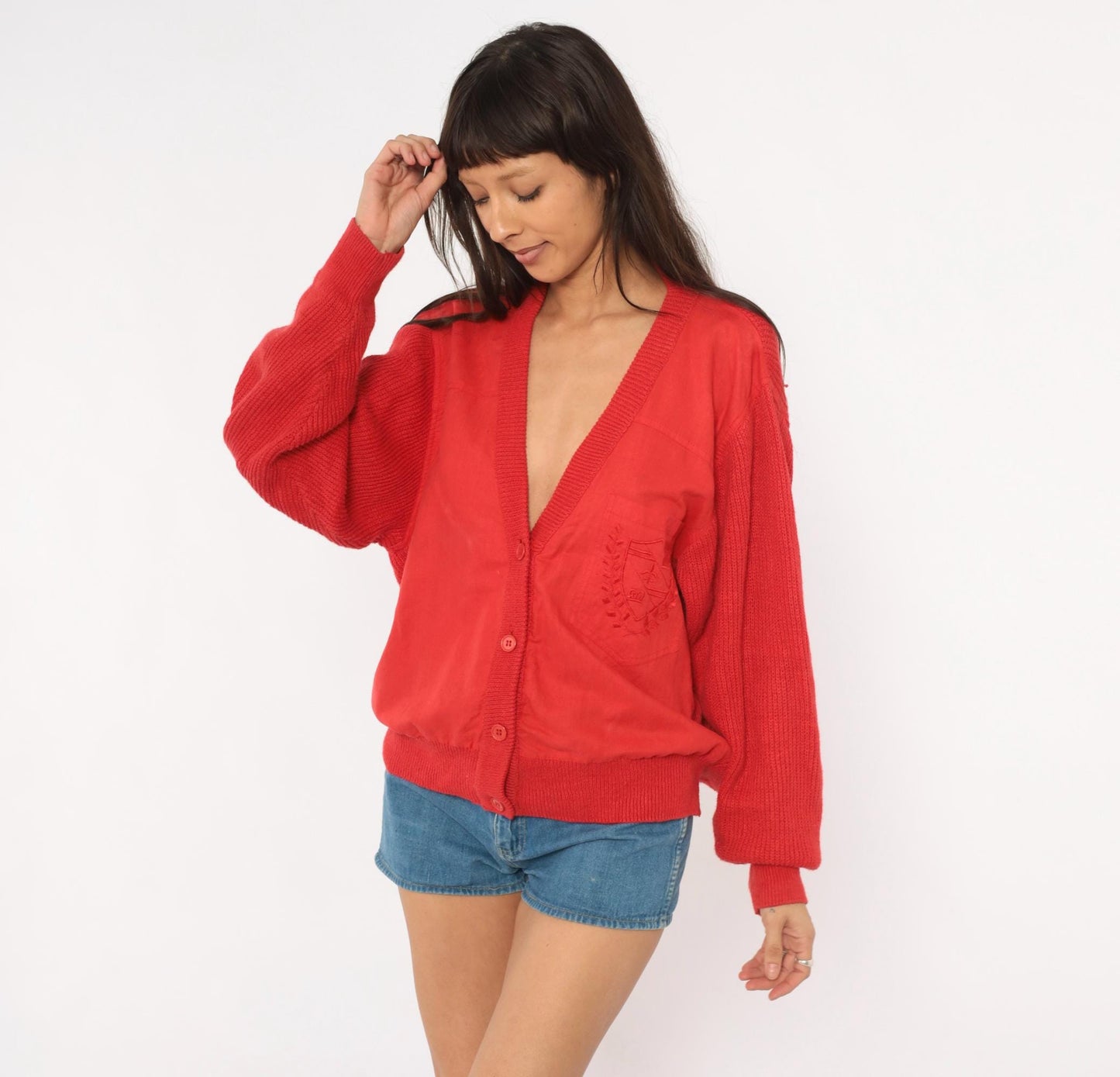90s Shartex Red Cardigan V-Neck Button Front Knit Embroidered Crest Large L