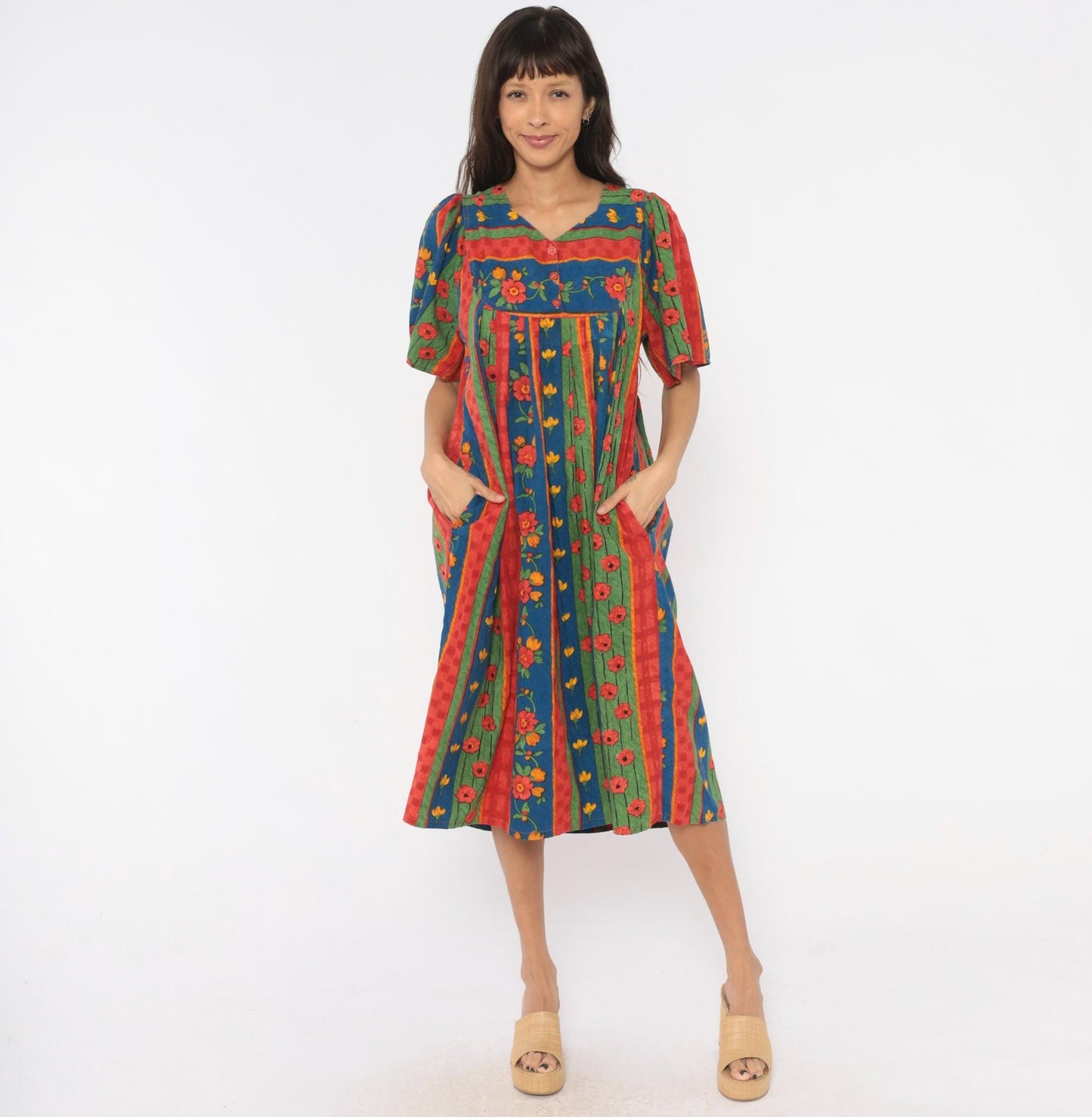 90s Floral Striped Cotton Empire Waist Dress Puff Sleeve Red Blue Green Medium