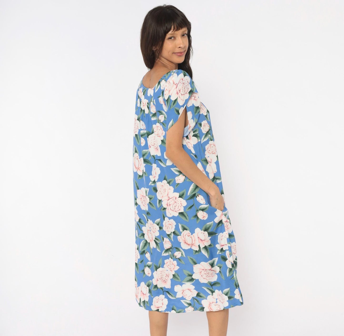 90s Paradise Bay Muumuu Midi Dress Blue Pink Rose Floral Puff Sleeve Large L