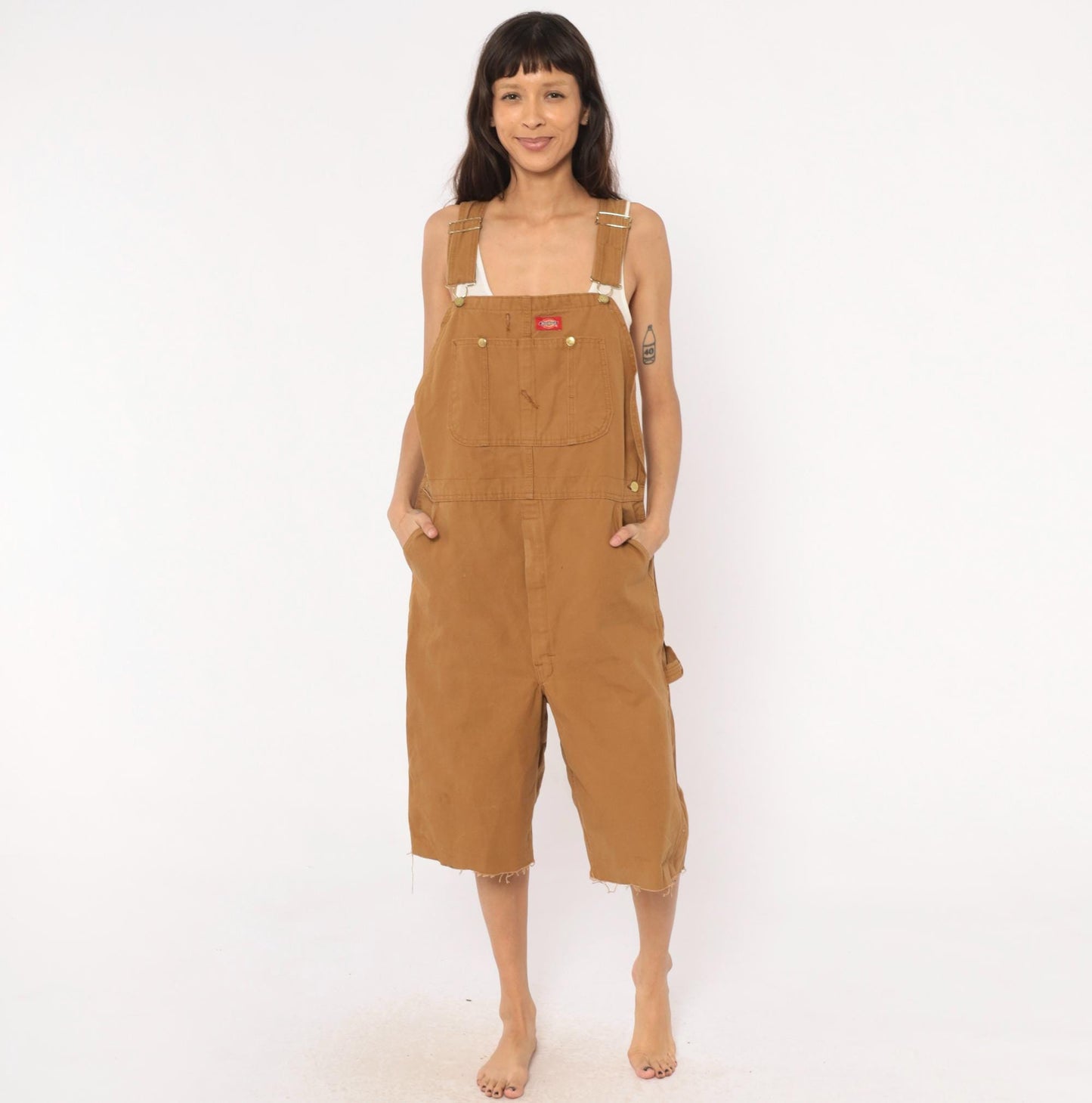Dickies Canvas Bib Shortalls Cut-Off Shorts Tan Cargo Workwear Large L