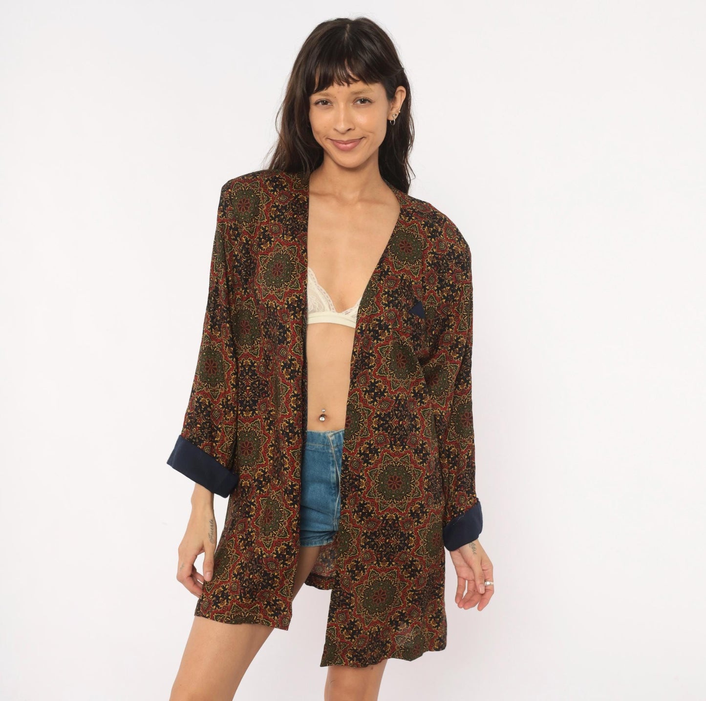 90s Medallion Tapestry Robe Kimono Navy Red Olive Gold Duster Large L