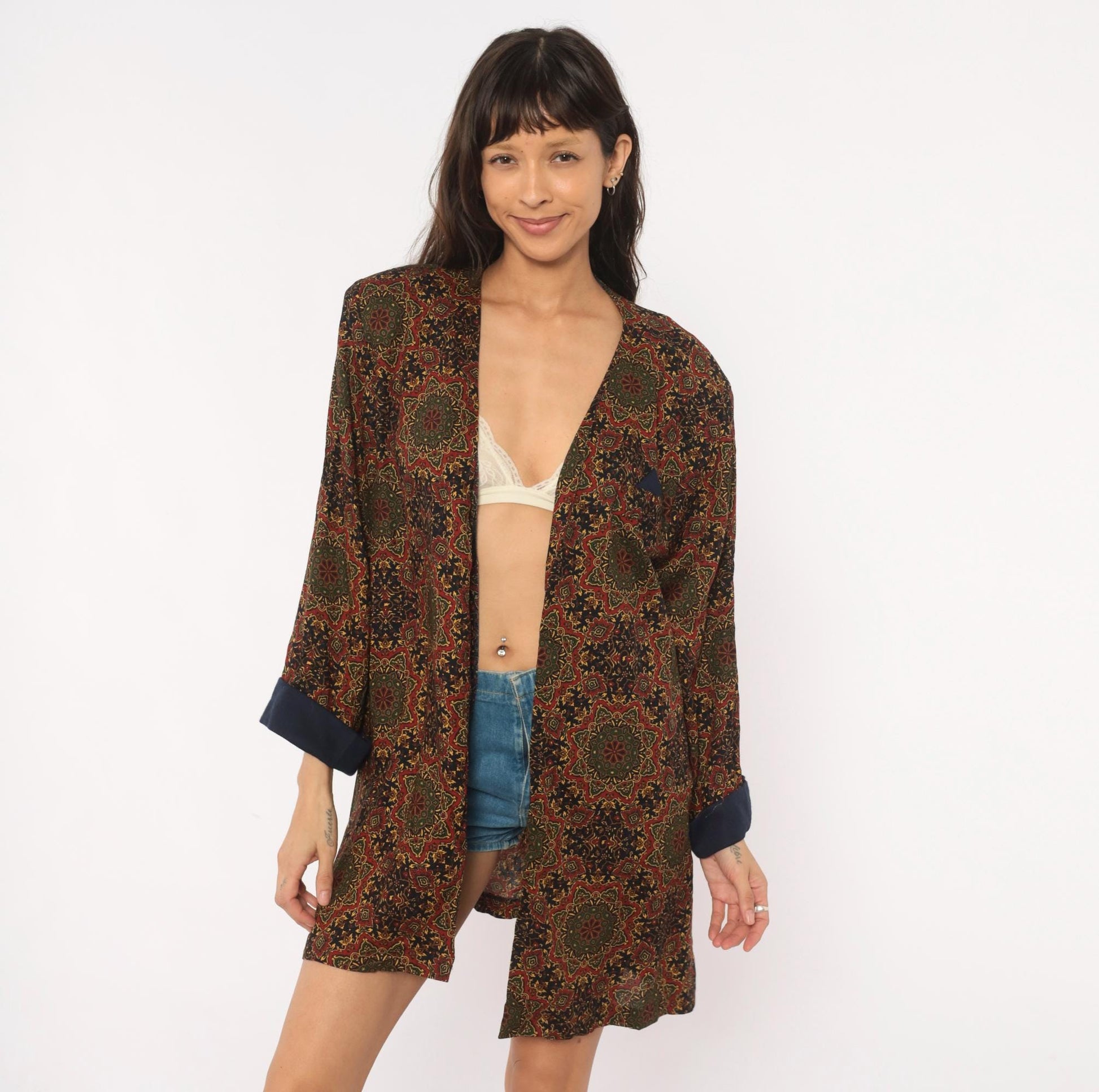 90s Medallion Tapestry Robe Kimono Navy Red Olive Gold Duster Large L