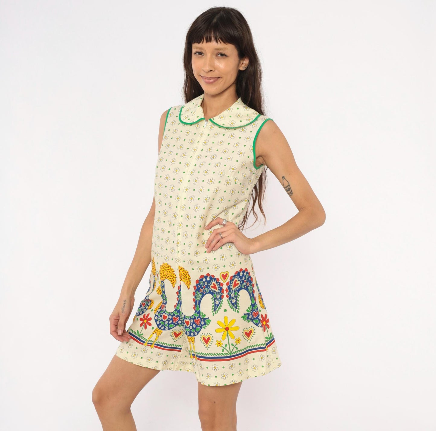 70s Gaymode Penneys Rooster Romper Daisy Print Peter Pan Collar Yellow Small