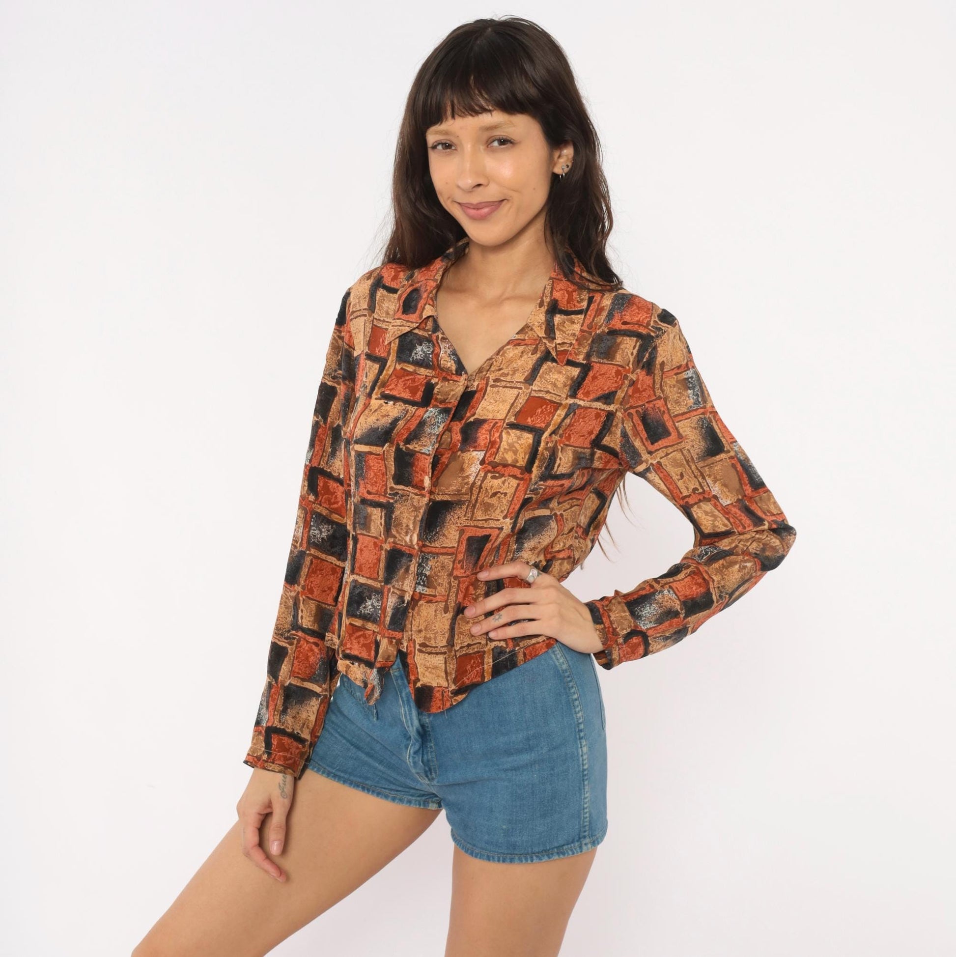 90s Quo-Silk Abstract Geometric Silk Blouse Cropped Rust Tan Small S