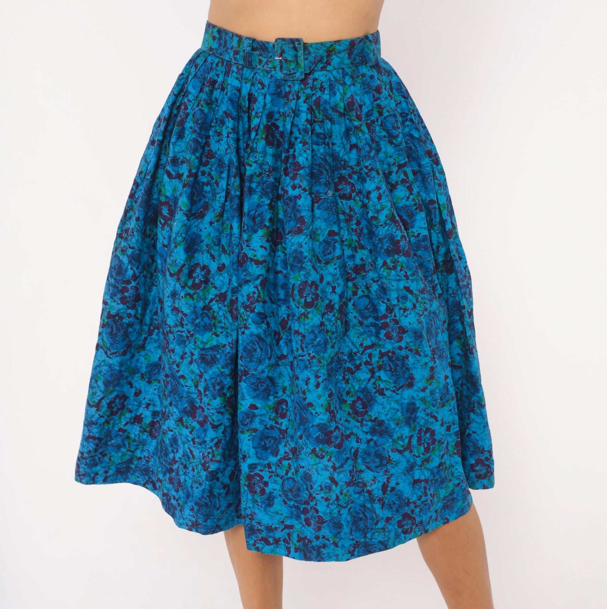 60s Batik Floral Pleated Skirt Cobalt Blue Purple Cotton High Waist Extra Small XS