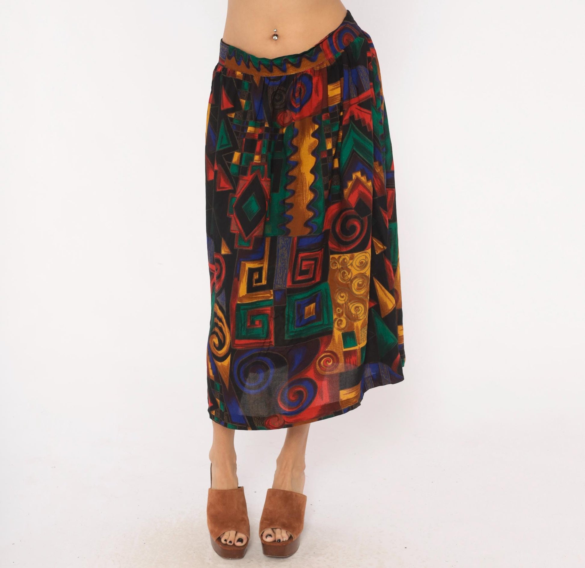 90s Kenneth Mitchell Midi Skirt Geometric Spiral Print Multicolor Size 20W