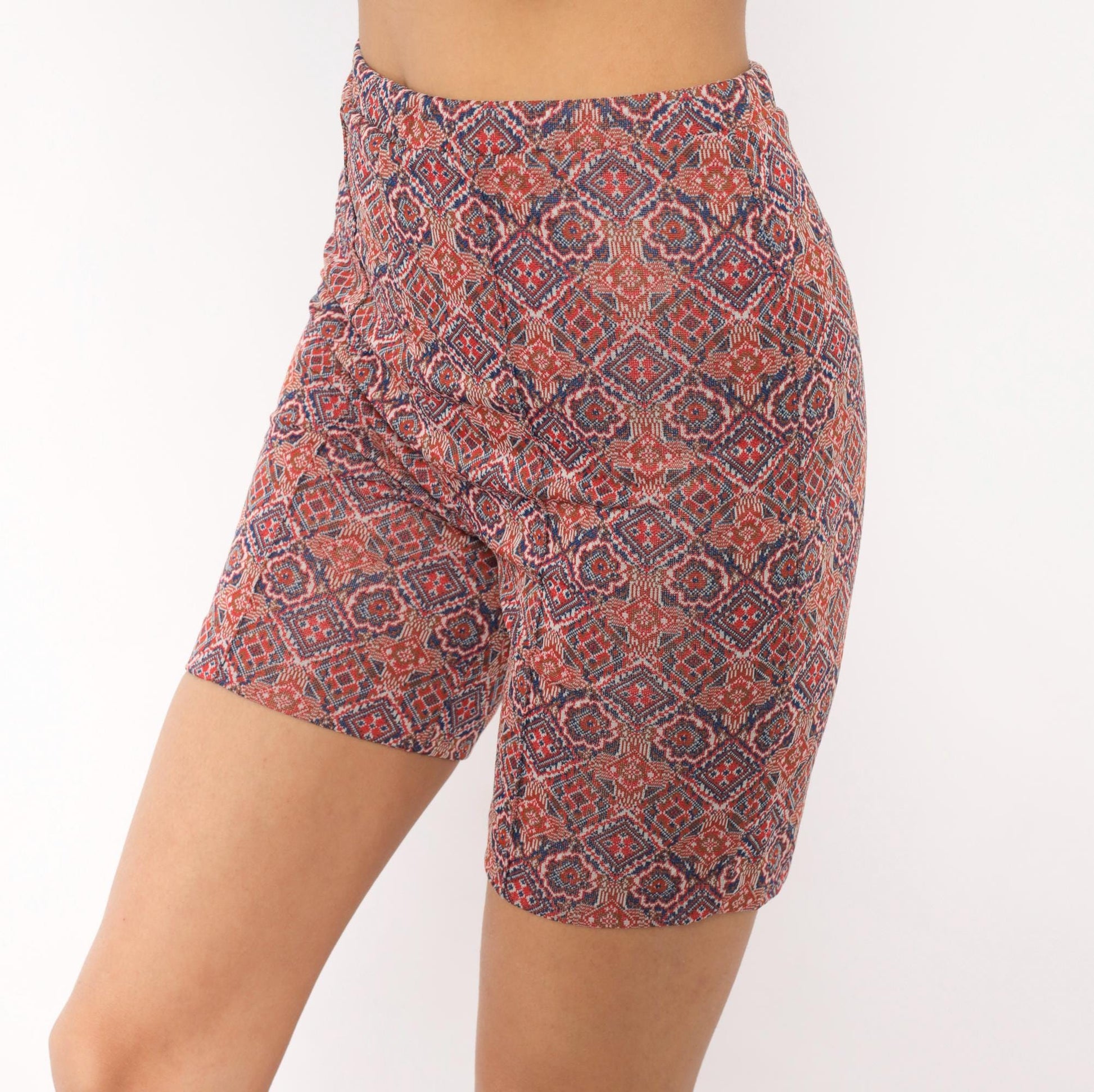 70s Geometric Diamond Medallion Tapestry Biker Shorts Red Navy High-Rise XS