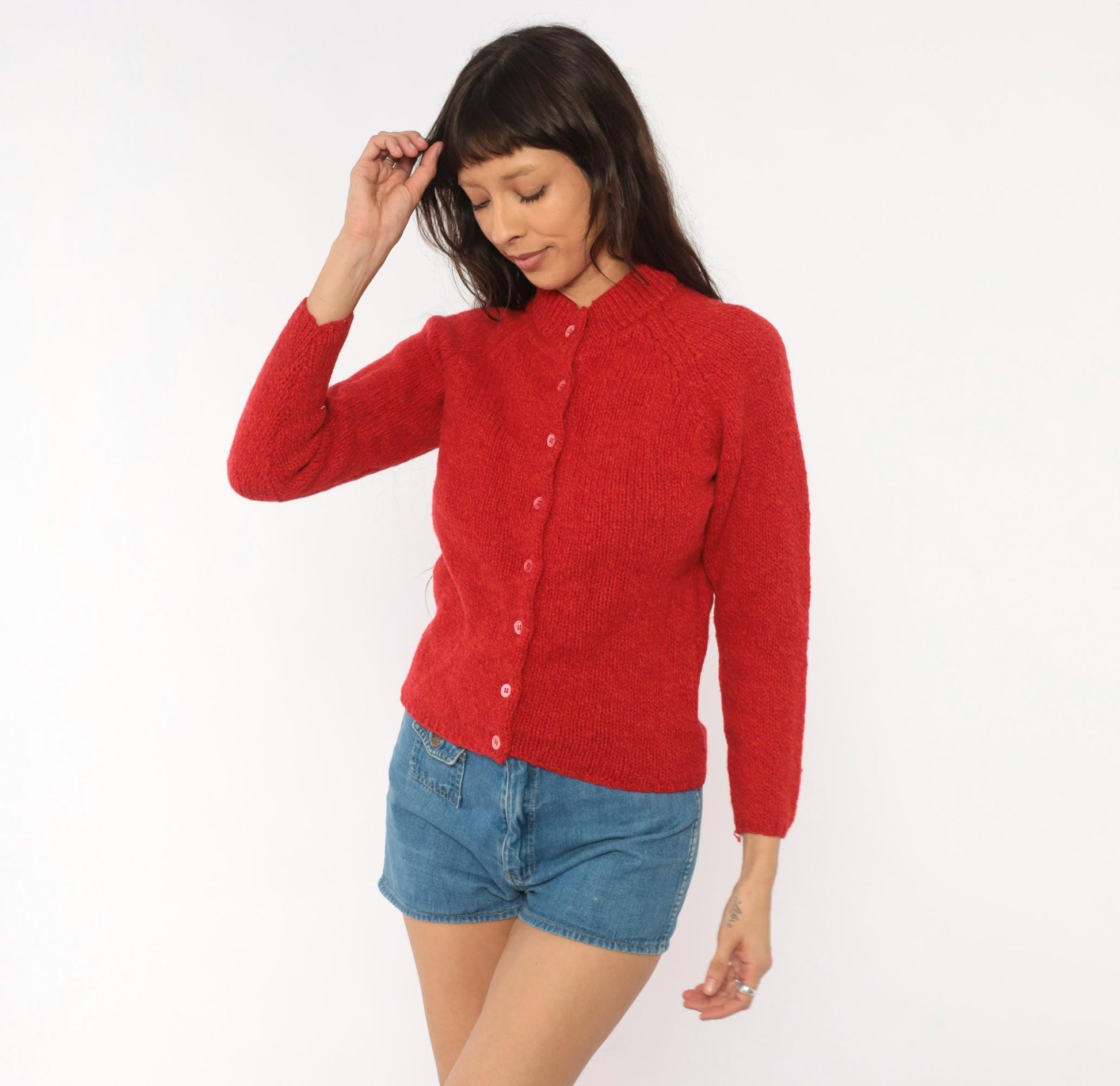 70s Bernhard Altmann Red Shetland Wool Cardigan Mock Neck Extra Small XS