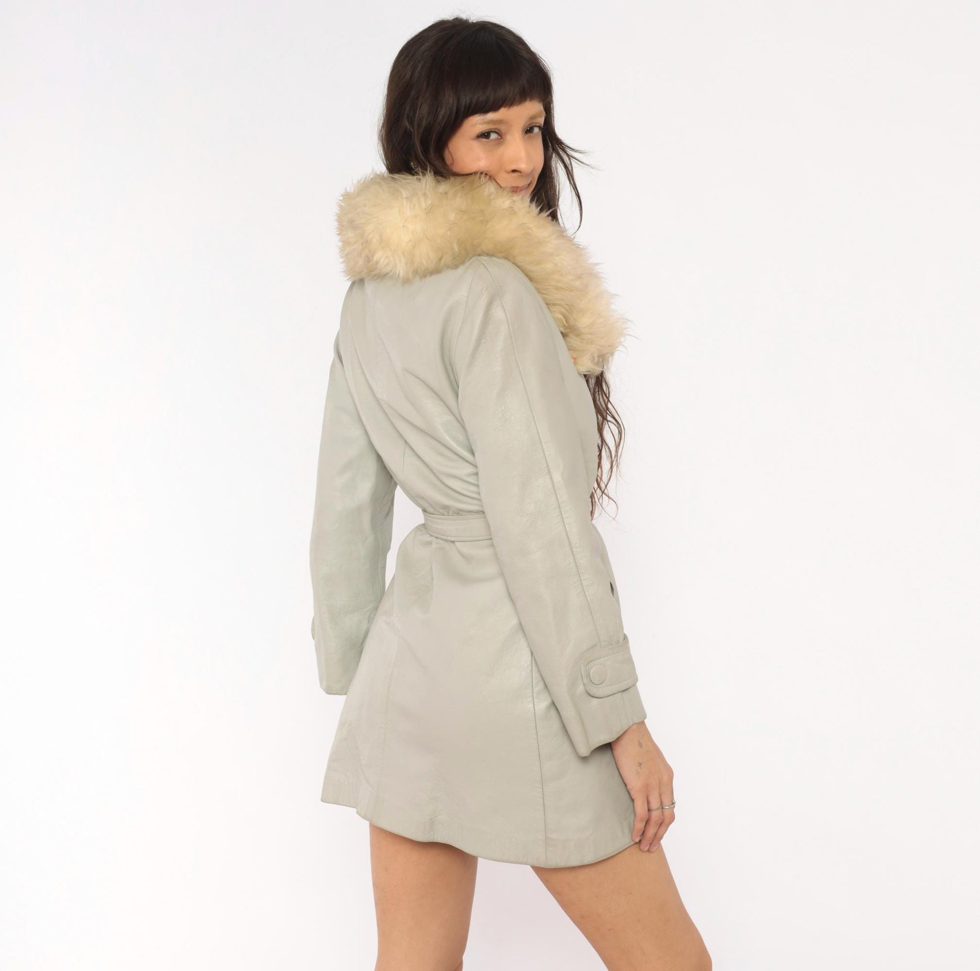 70s Grey Leather Coat Cream Fur Collar Belted Mini Jacket Small S