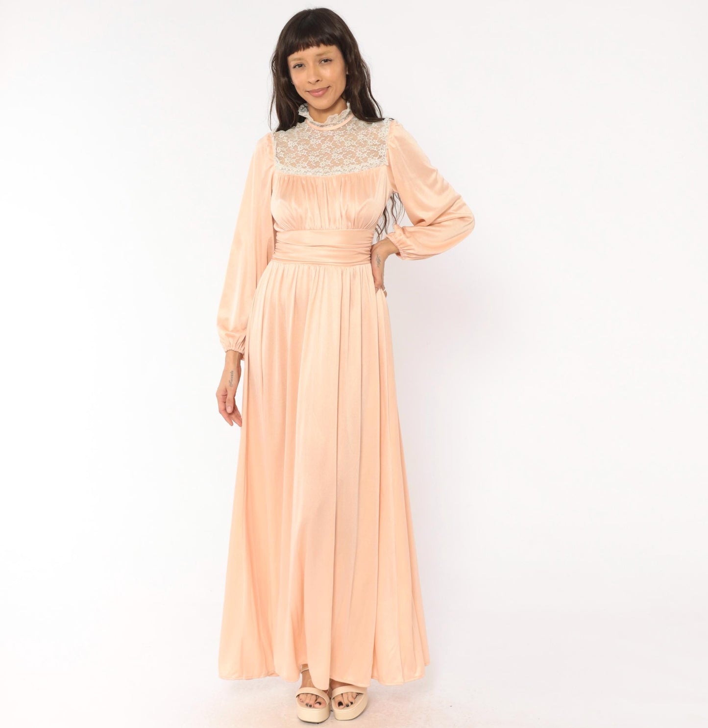 70s Peach Lace Maxi Gown High Neck Bishop Sleeve A-Line Small