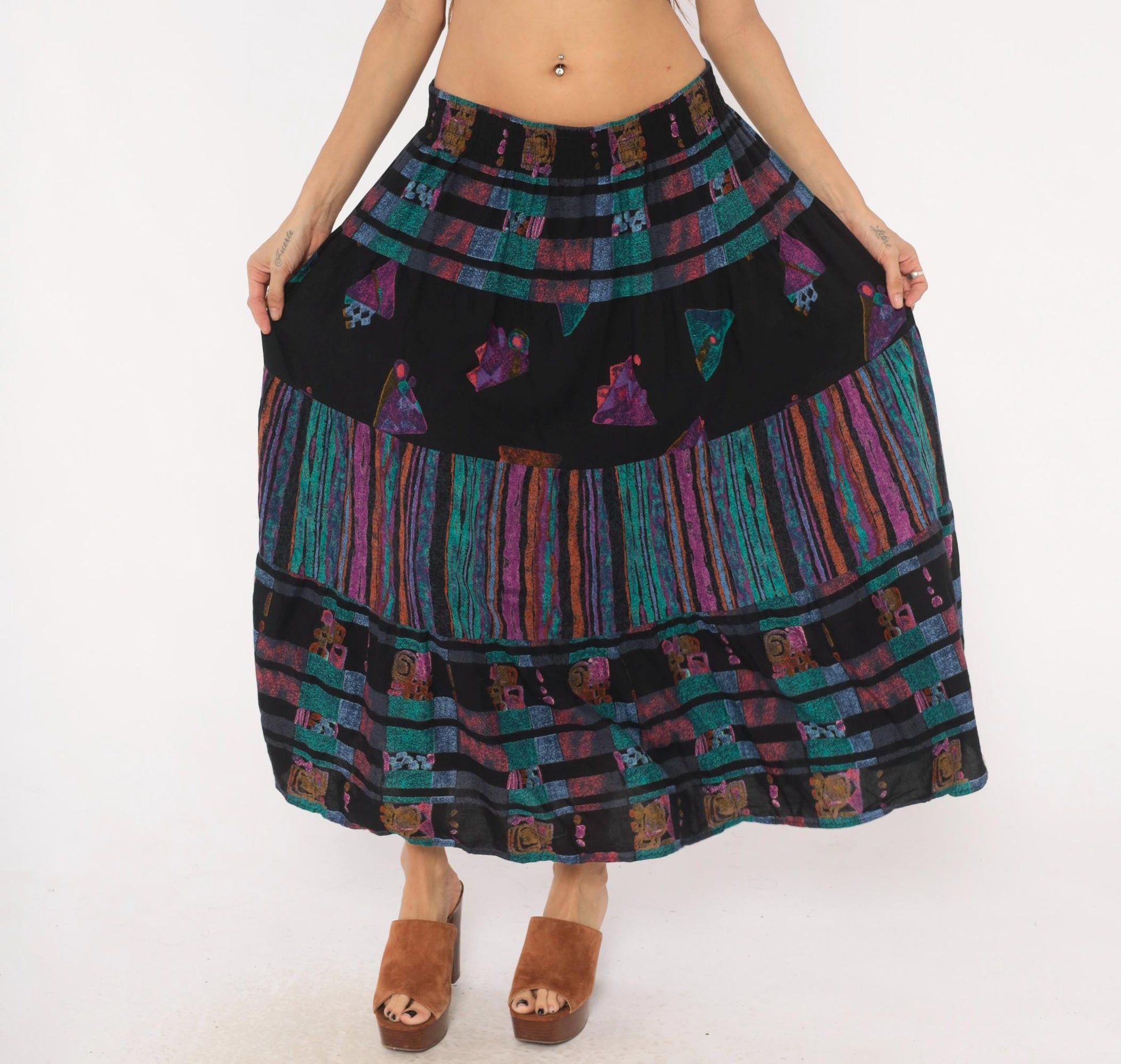 90s Adrian Jordan Tiered Maxi Skirt Black Teal Purple Geometric Plus Size XXL
