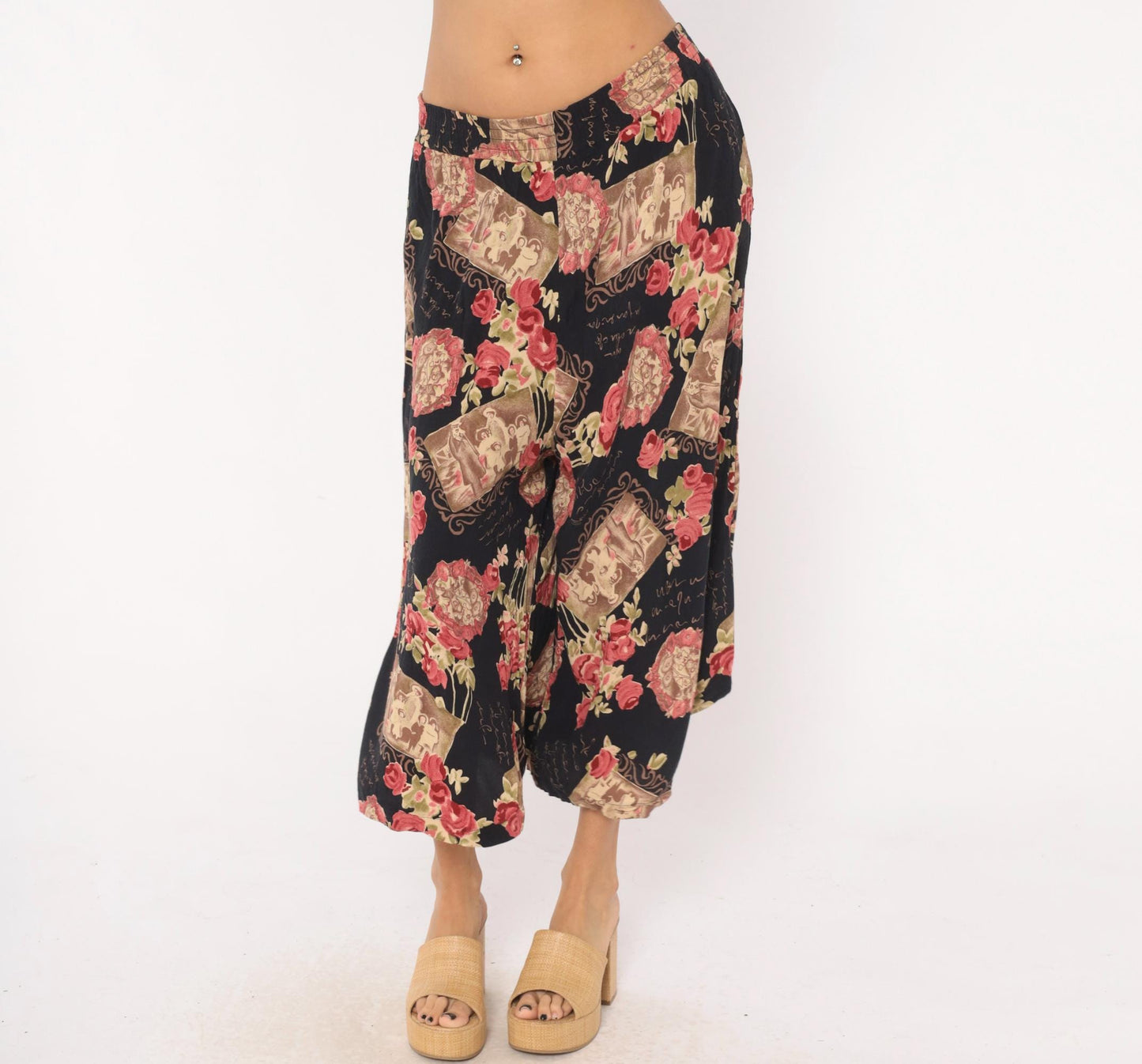90s Impressions of California Culottes Black Floral Victorian Print Wide Leg Large L