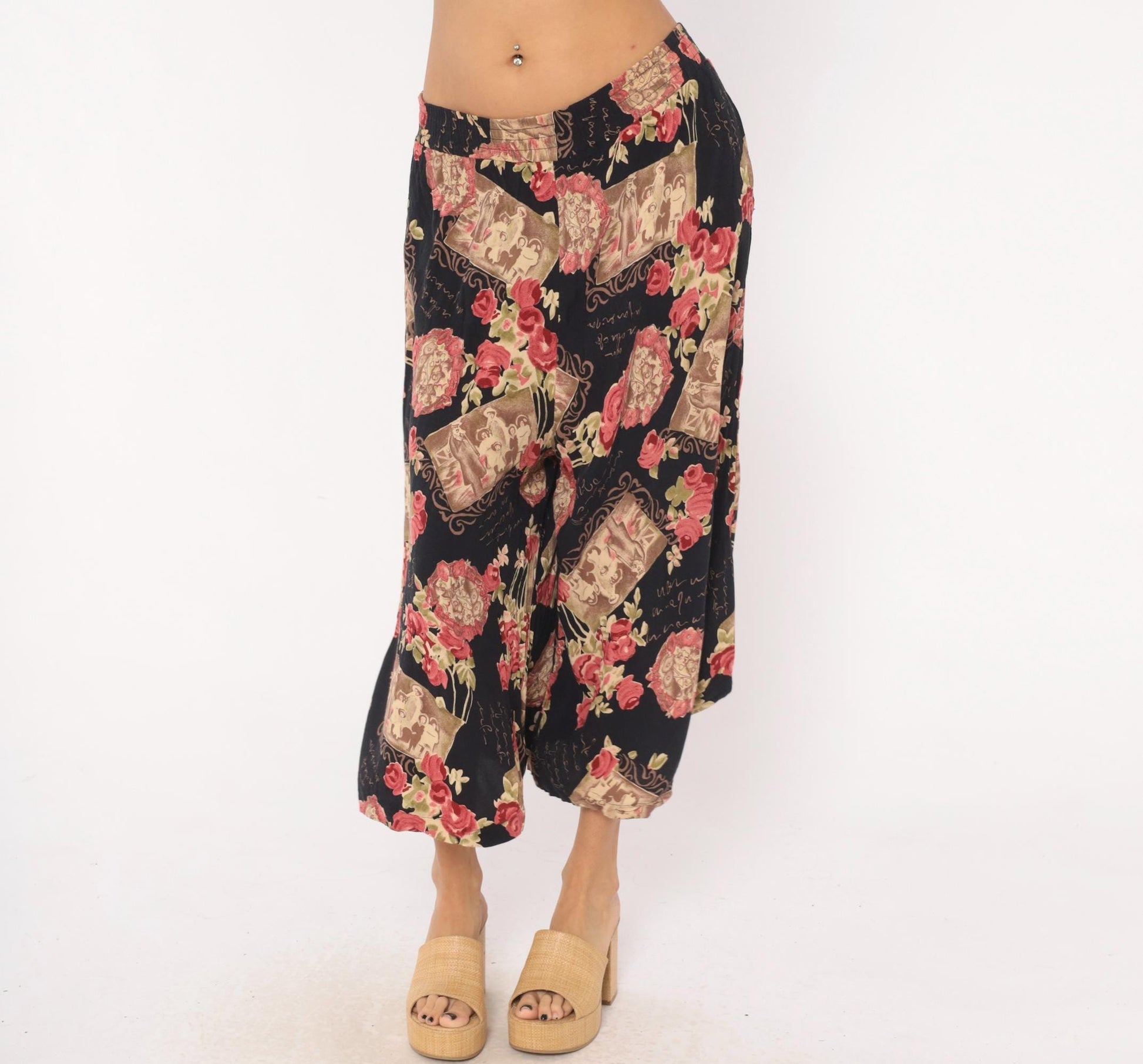 90s Impressions of California Culottes Black Floral Victorian Print Wide Leg Large L