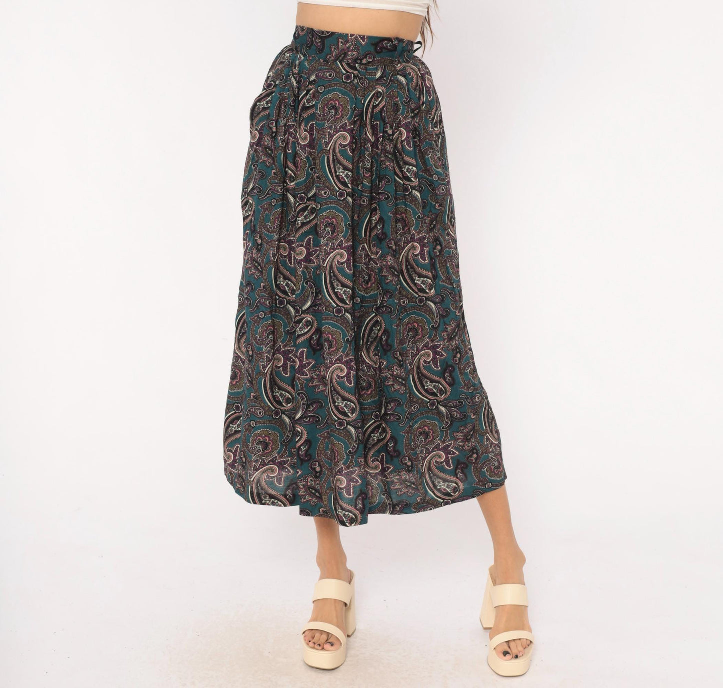 90s Words Paisley Pleated Midi Skirt Teal Pink Olive Extra Small XS