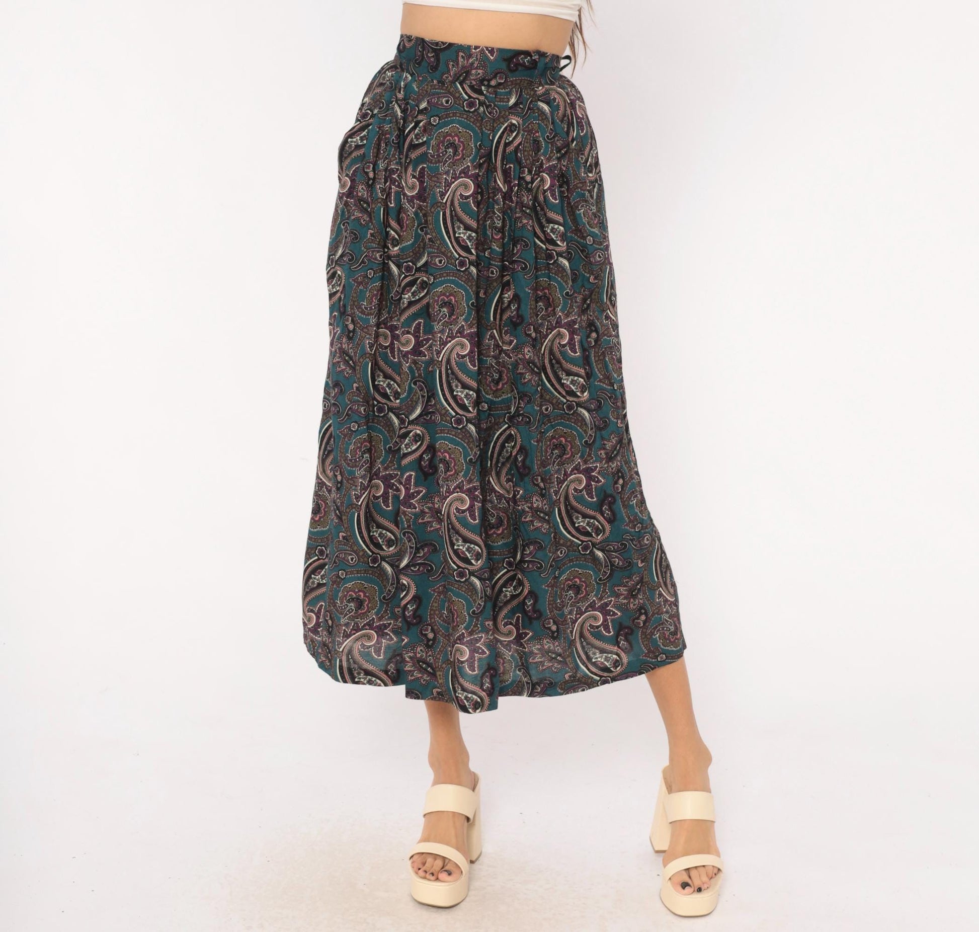 90s Words Paisley Pleated Midi Skirt Teal Pink Olive Extra Small XS