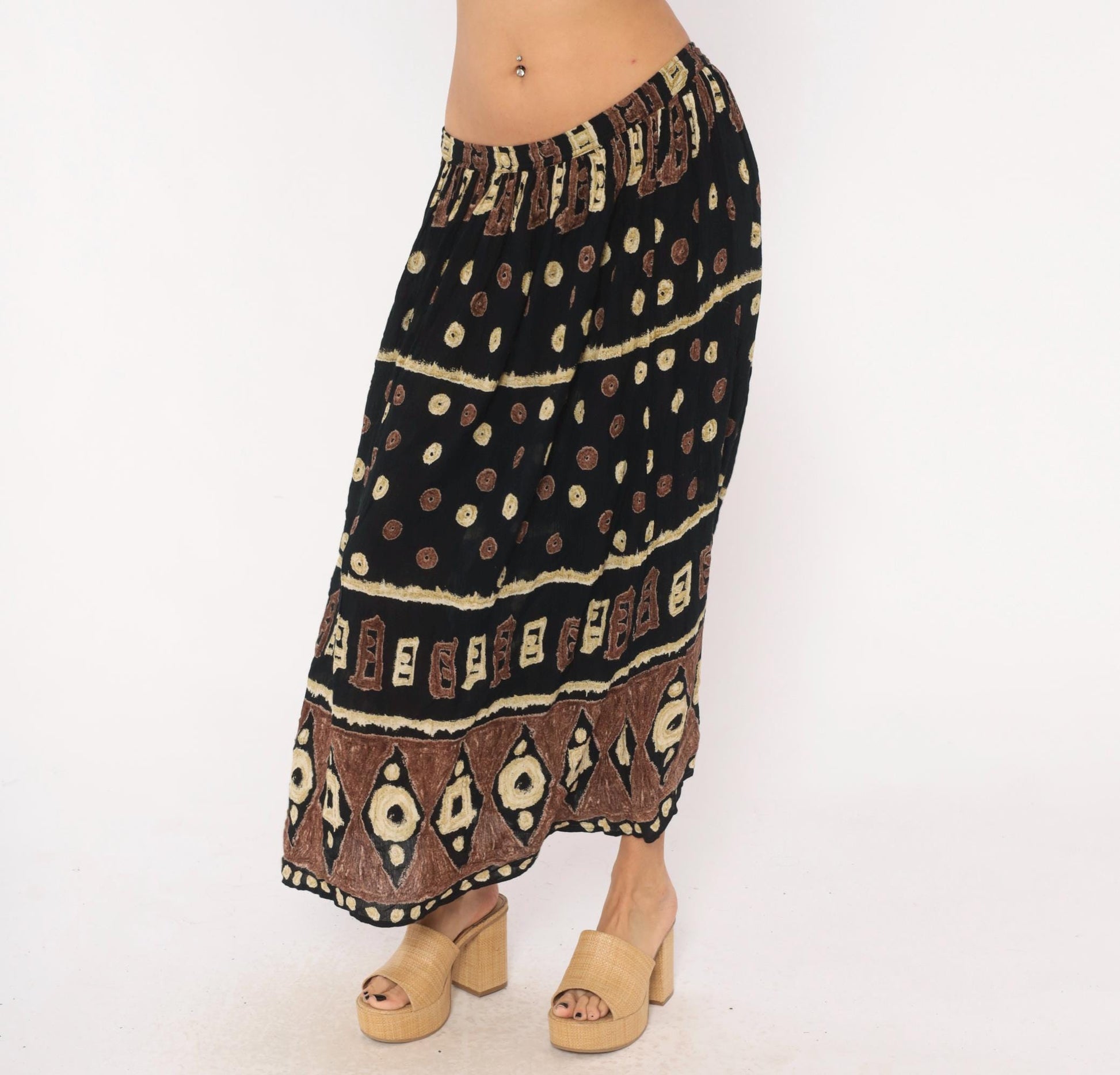 90s Bila Maxi Skirt Black Brown Batik Tribal Geometric Print Extra Large
