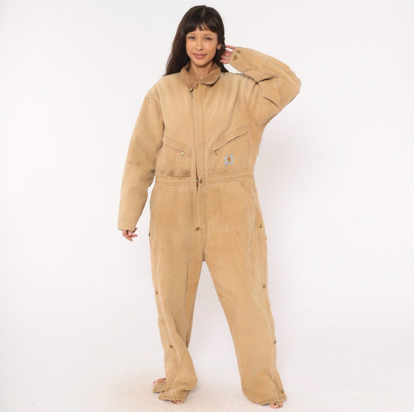 90s Carhartt Insulated Duck Canvas Coveralls Tan Distressed XXL