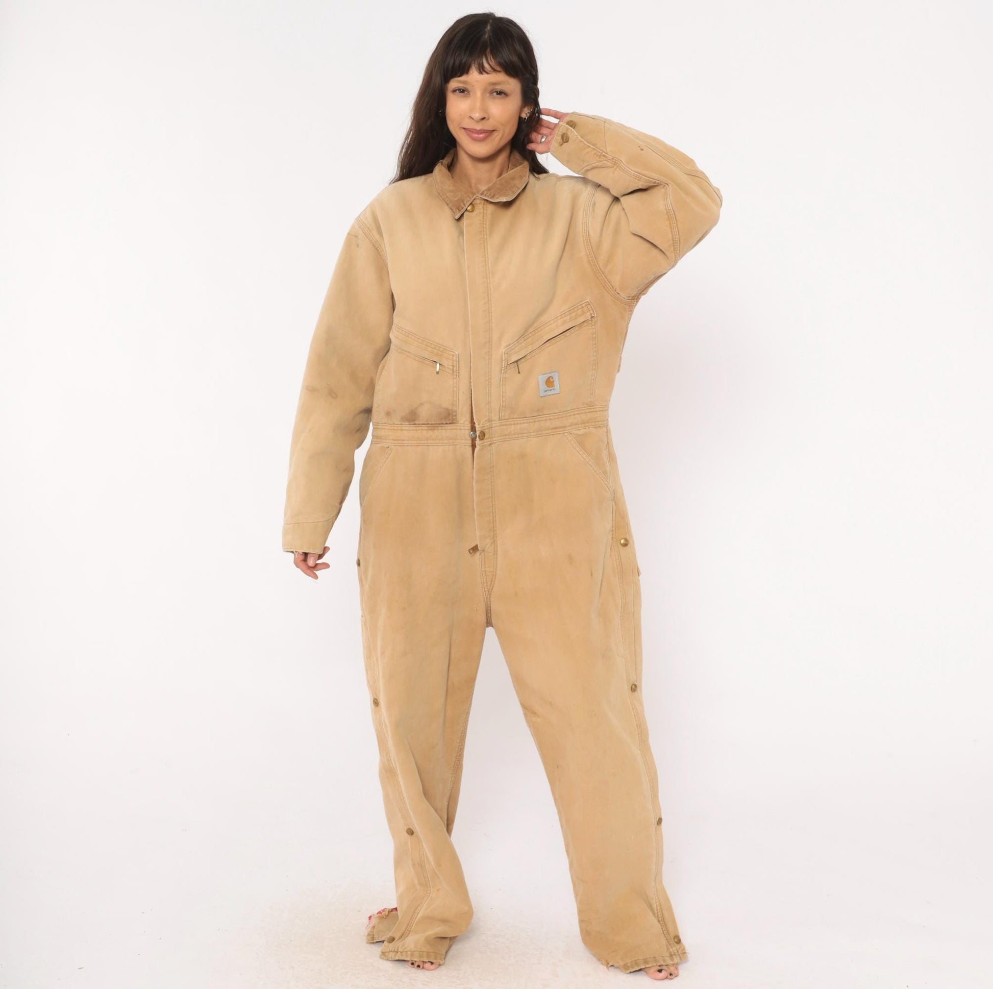 90s Carhartt Insulated Duck Canvas Coveralls Tan Distressed XXL