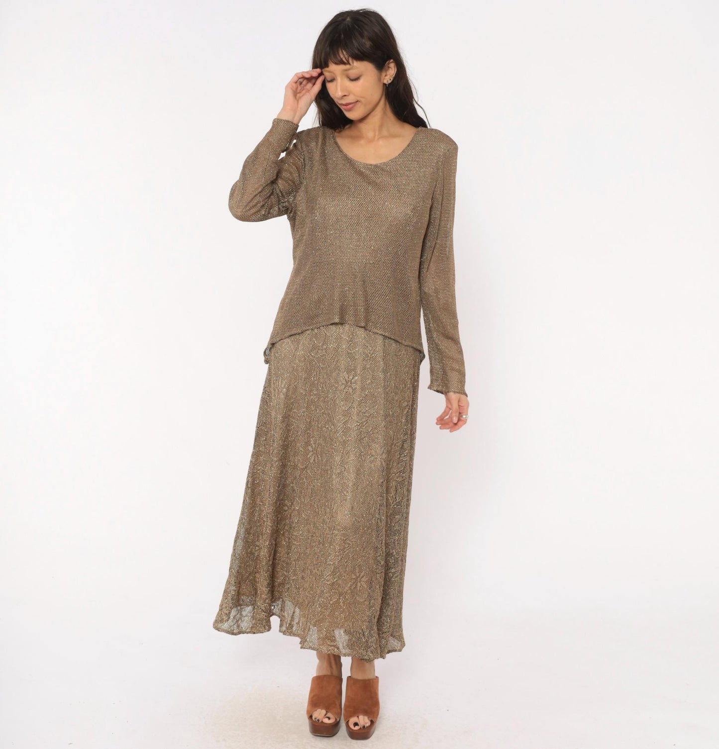 90s Onyx Nite Bronze Metallic Floral Lace Maxi Dress Long Sleeve Large L