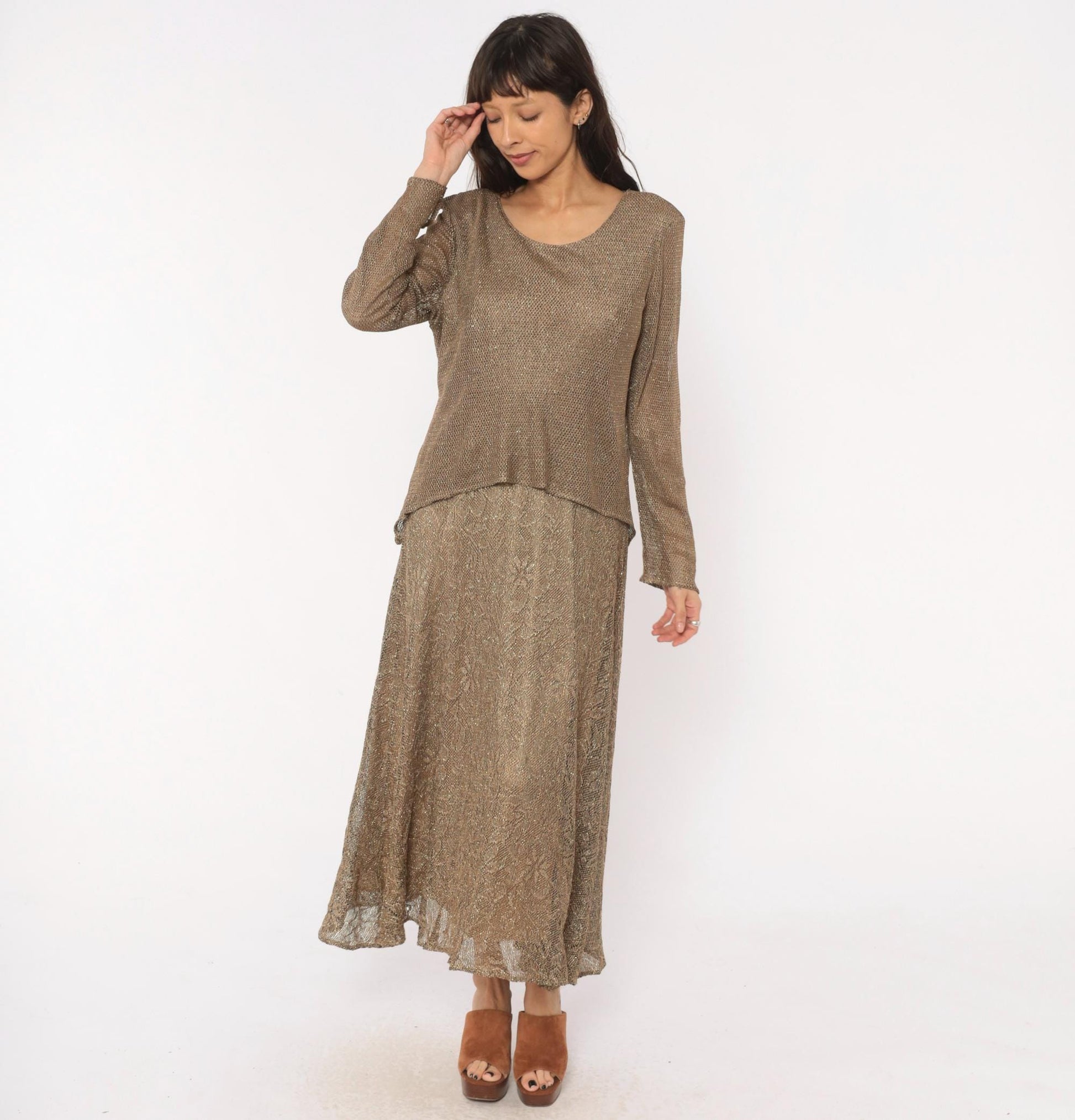 90s Onyx Nite Bronze Metallic Floral Lace Maxi Dress Long Sleeve Large L