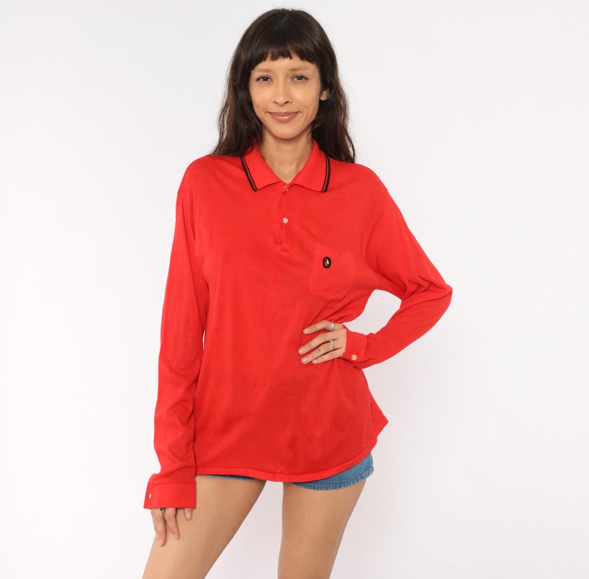 70s Red Polo Shirt Long Sleeve Black Tipped Collar Snap Button Knit Large L