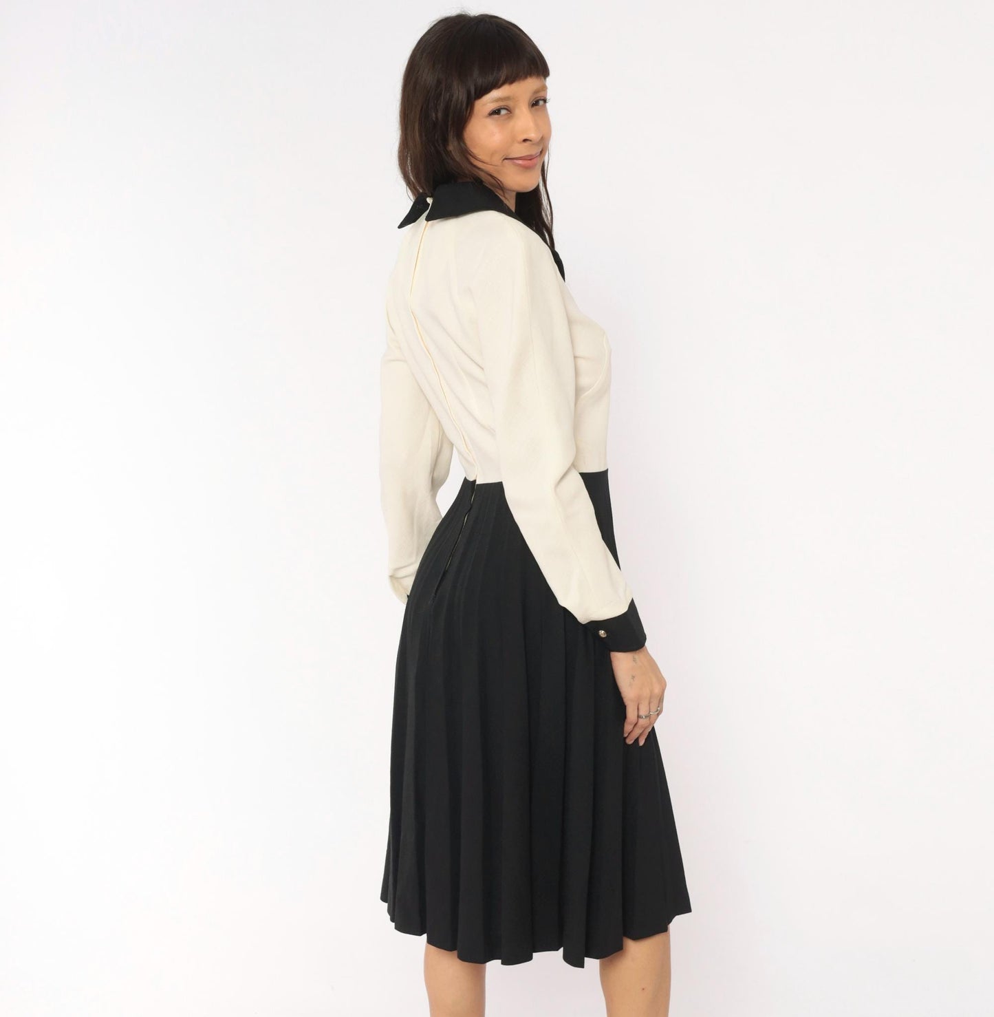 70s Herman Marcus Cream Black Colorblock Polo Dress Knee Length Small