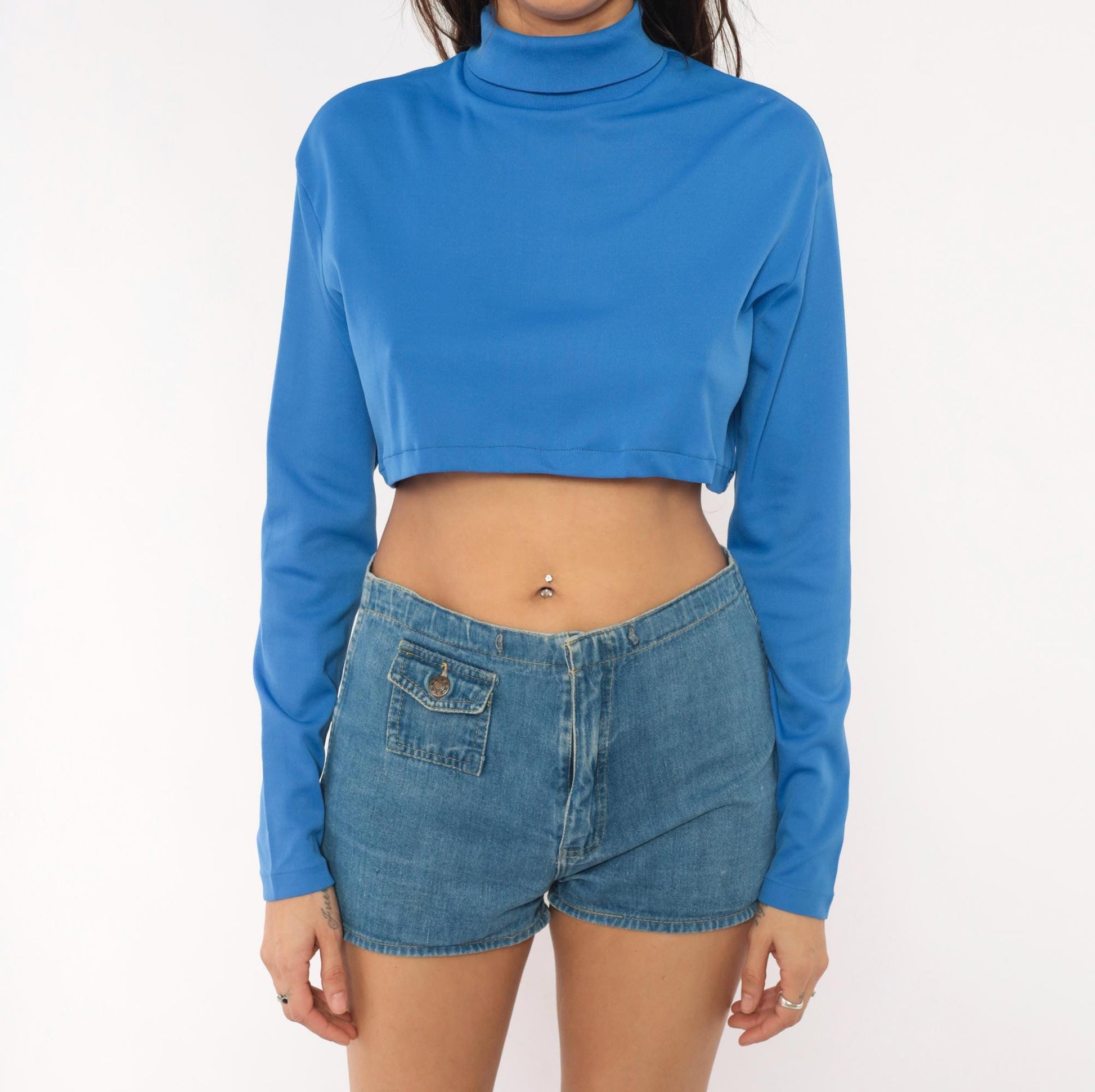 70s Cornflower Blue Crop Top Long Sleeve Mock Neck Back Zip Medium