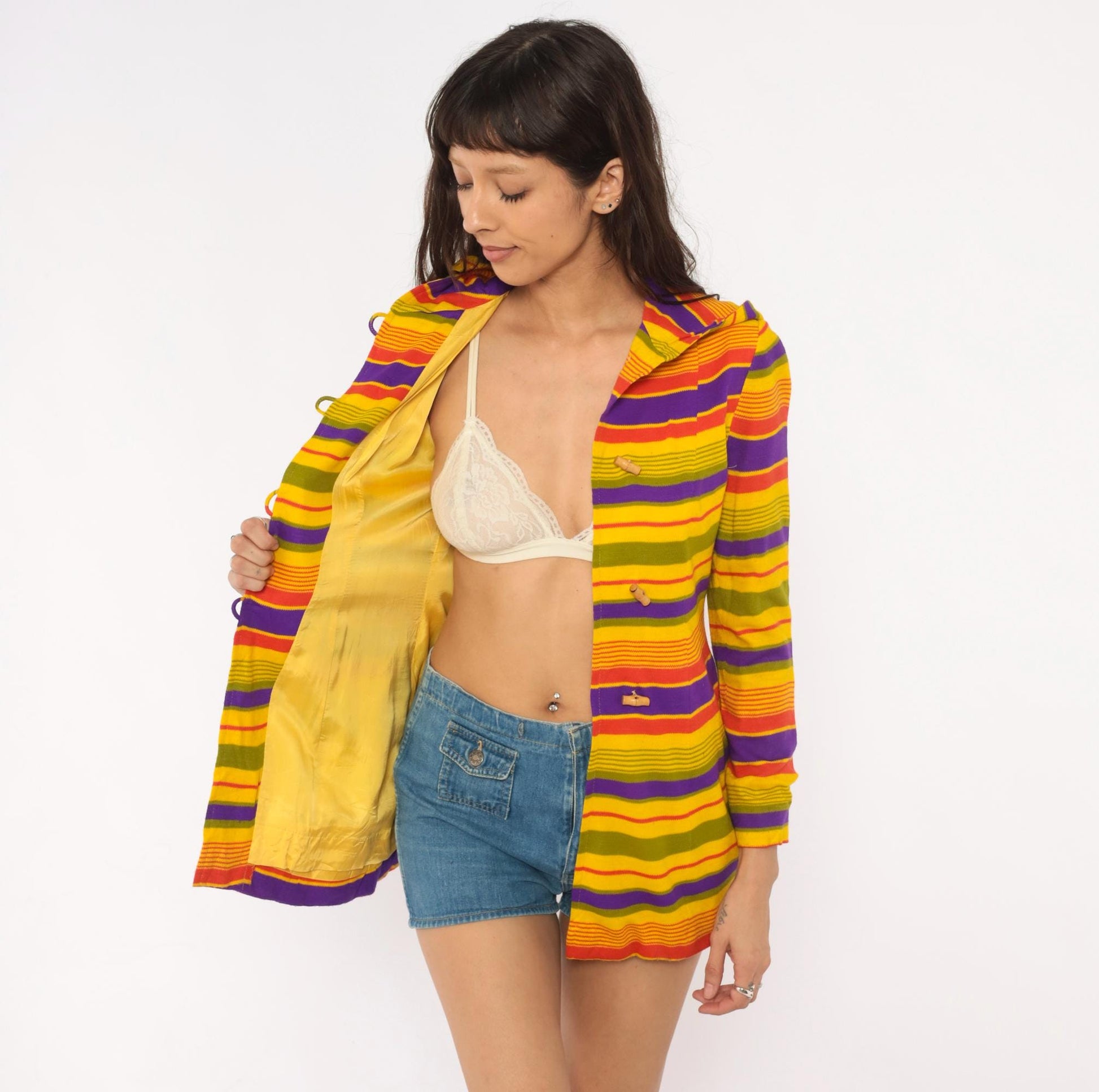 70s Striped Hooded Jacket Multicolor Rainbow Button Front Extra Small