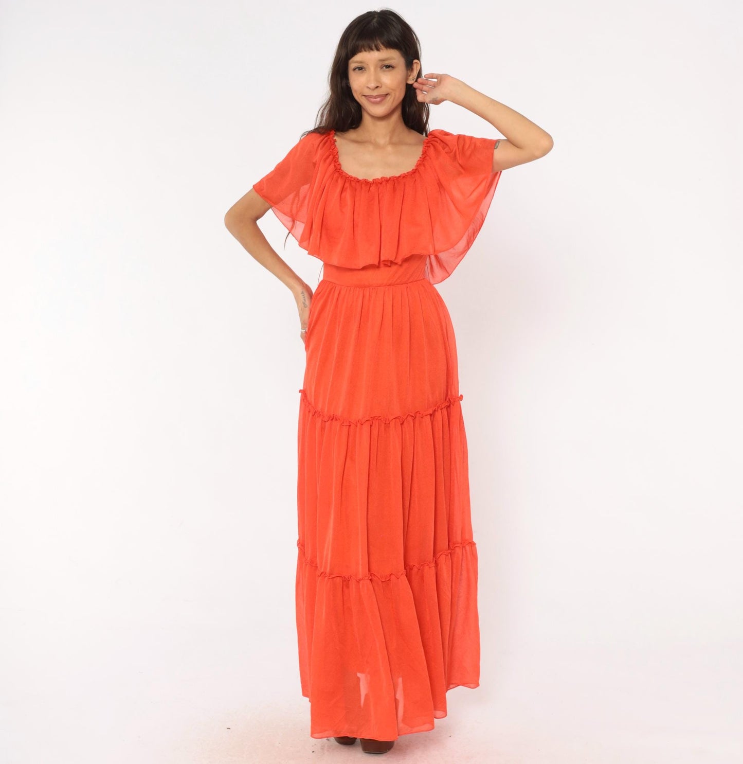 70s Coral Orange Maxi Dress Tiered Ruffle Cape Flutter Sleeve Small