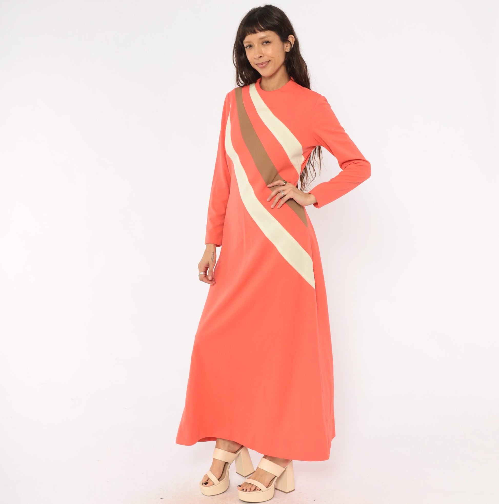 70s Puritan Forever Young Coral Stripe Maxi Dress Mock Neck Medium M