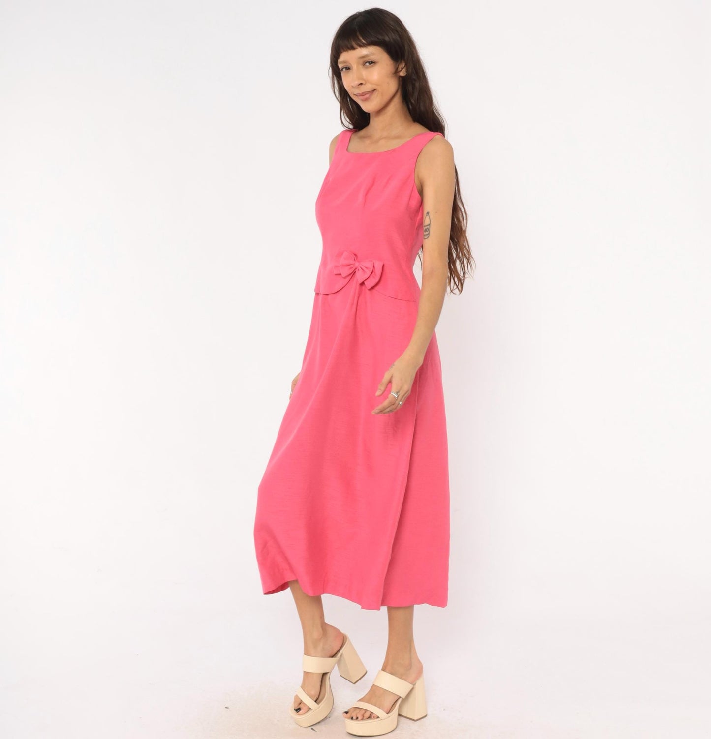 80s Hot Pink Sleeveless Maxi Dress Square Neck Peplum Bow Large L