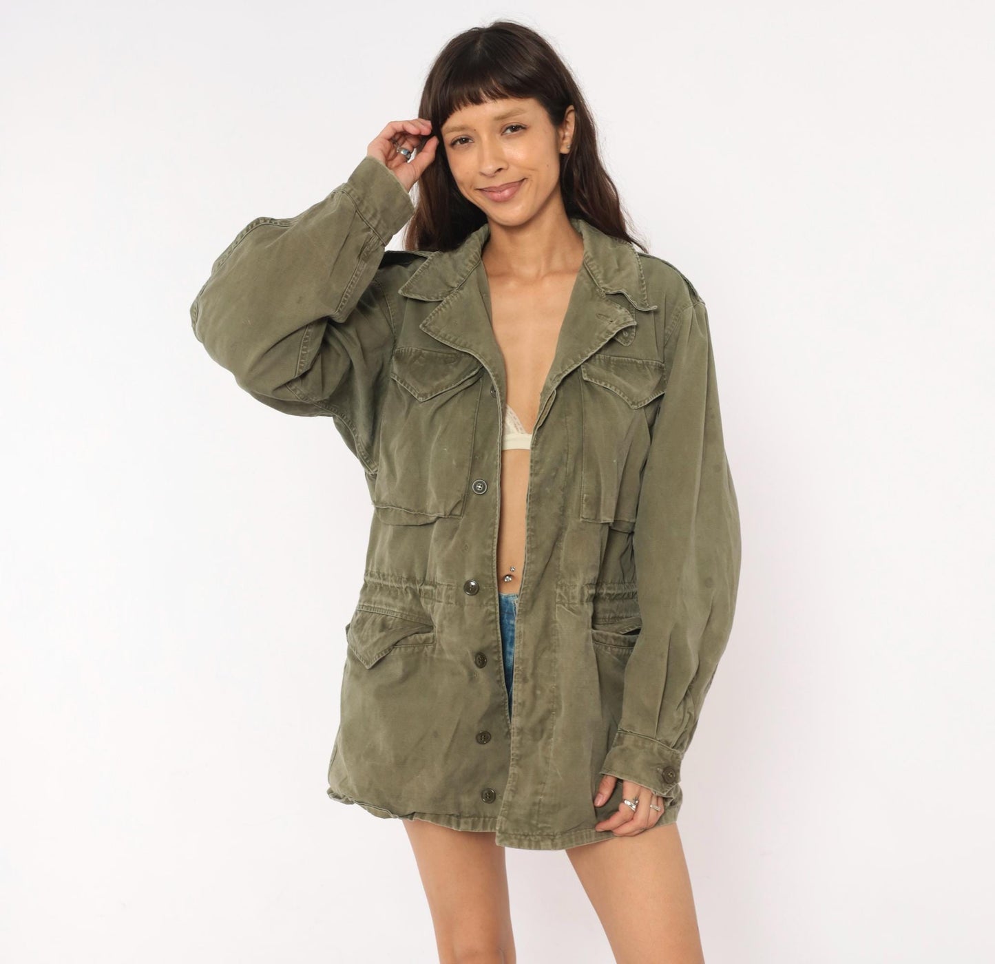 1950s Military Field Jacket Olive Drab Cotton Army Green Medium