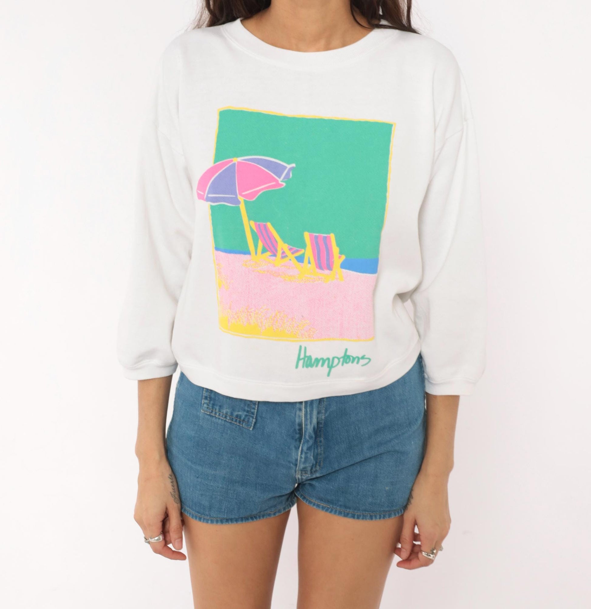 90s Anvil Hamptons Beach Sweatshirt White Pastel Graphic Cropped Medium M