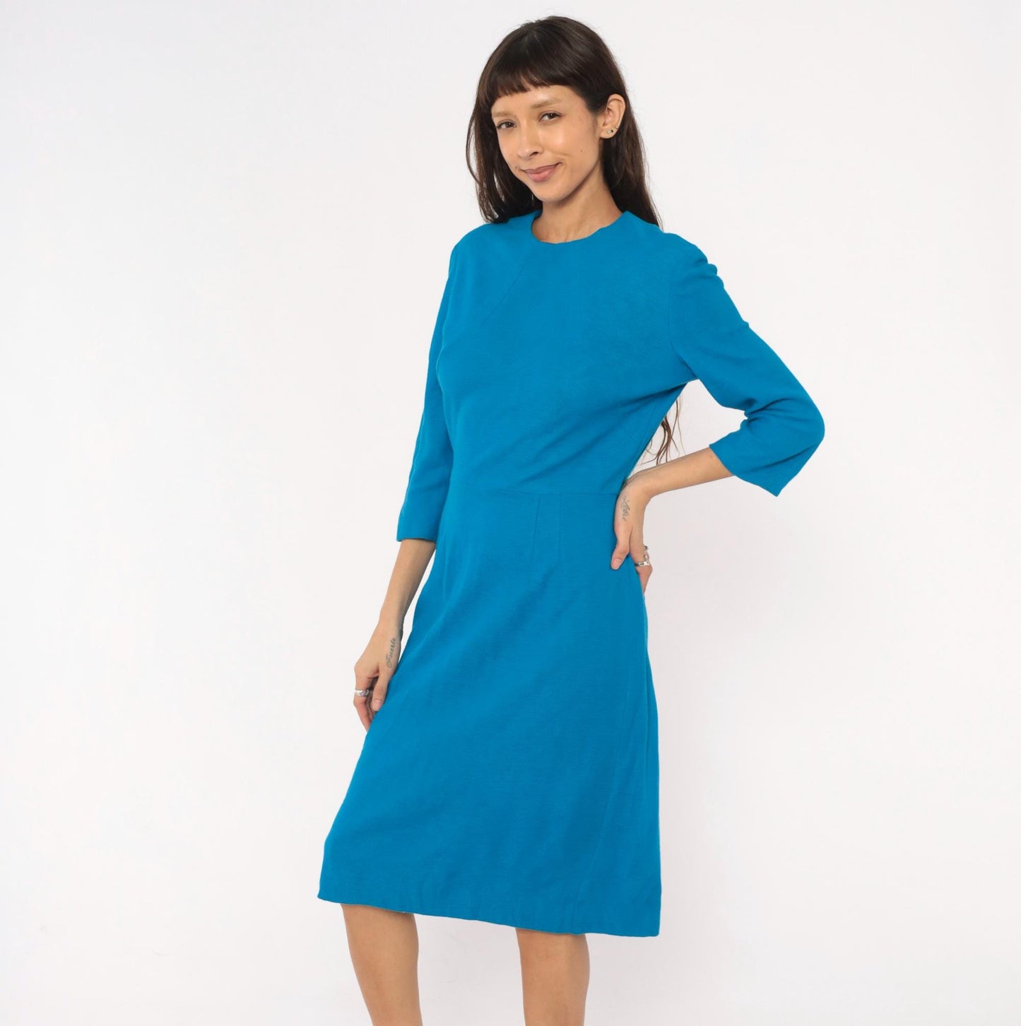 60s Cerulean Blue Sheath Dress Three Quarter Sleeve Chevron Mod Medium M