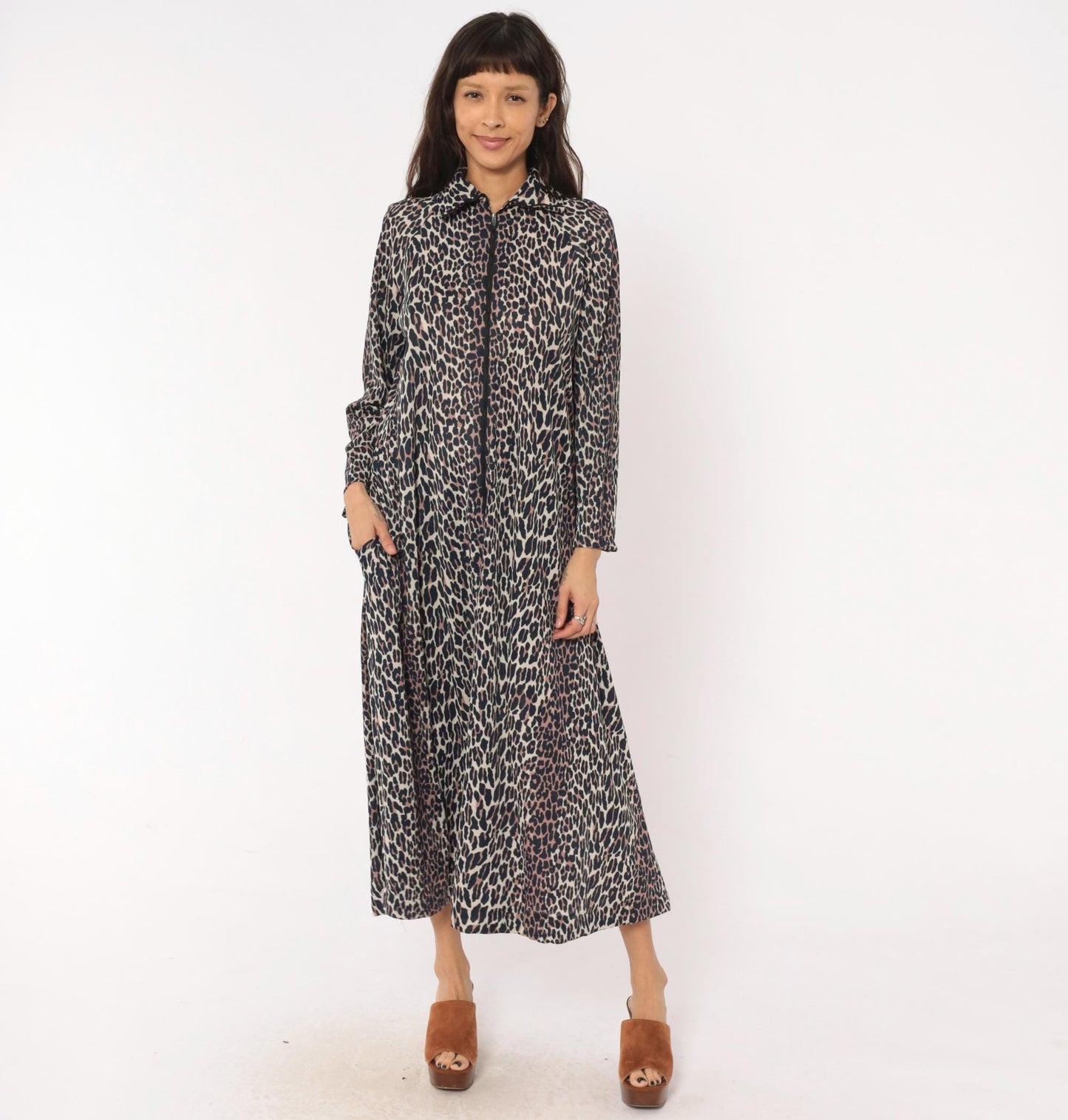 70s Leopard Print Maxi Dress Zip Front Collared A-Line Cream Brown Medium Large