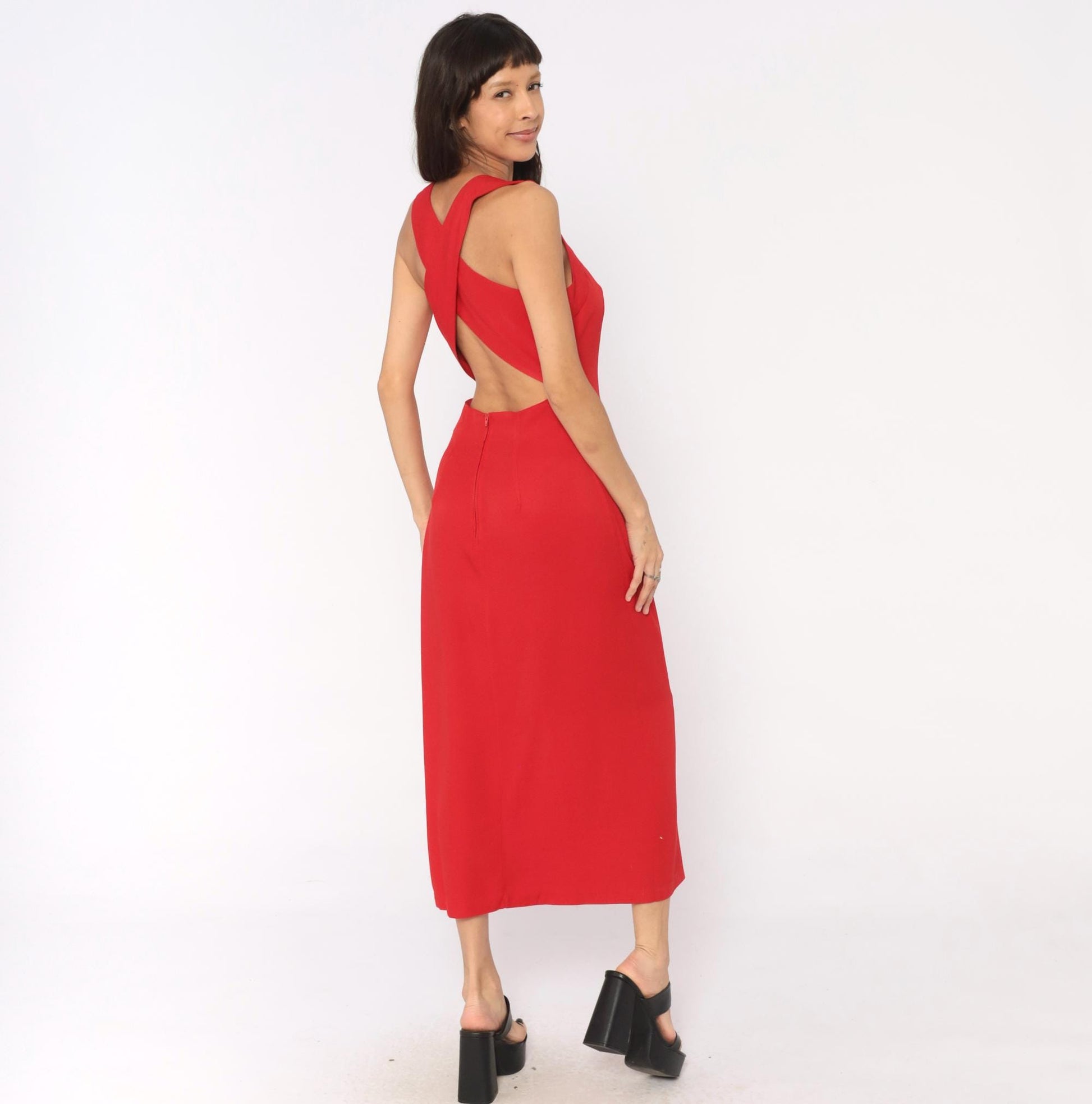 90s Red Midi Dress Sweetheart Neckline Crossback Open Back Medium Large