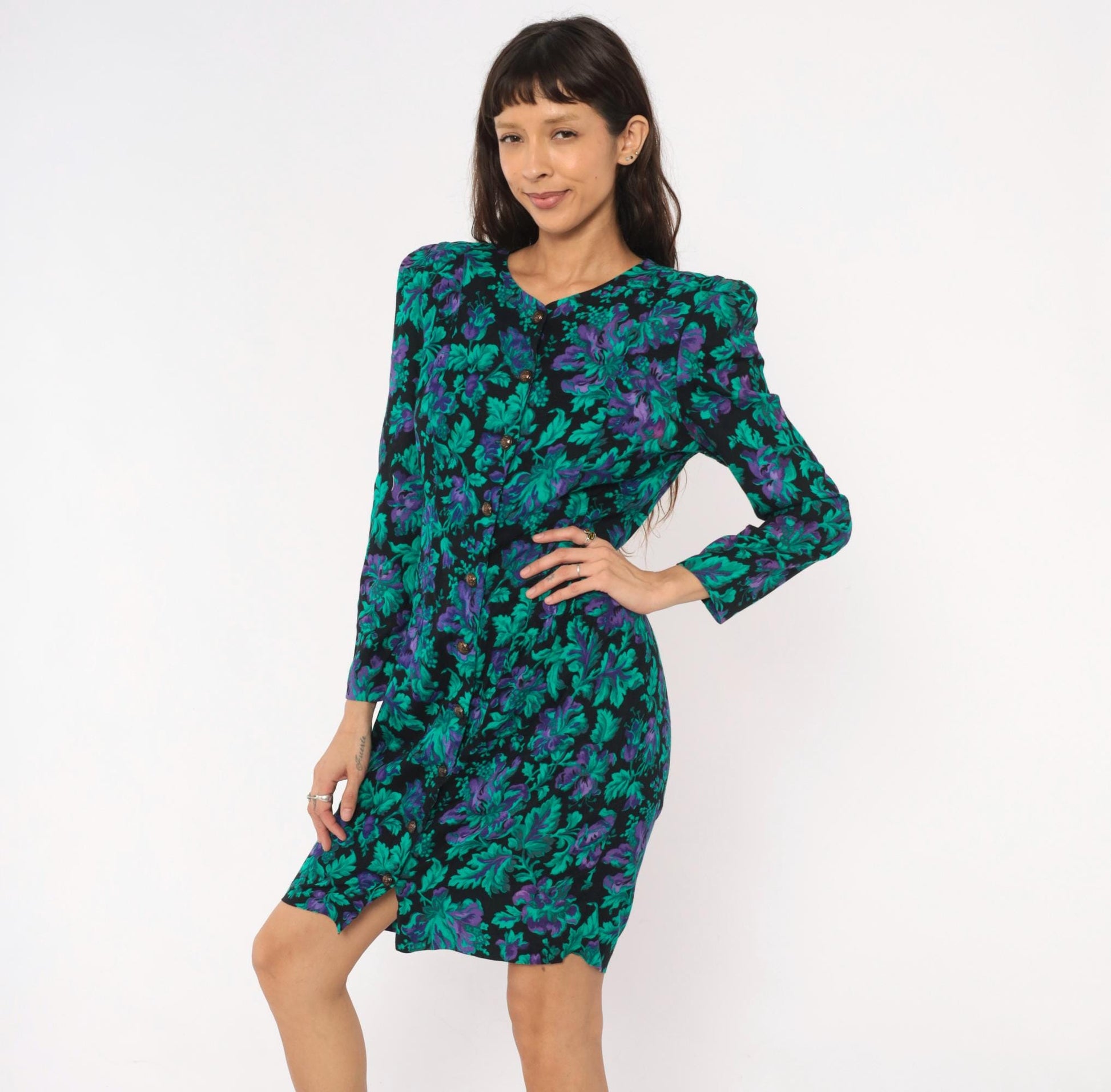 90s Petite Jazz Floral Button-Front Dress Teal Black Botanical Shoulder Pad Large