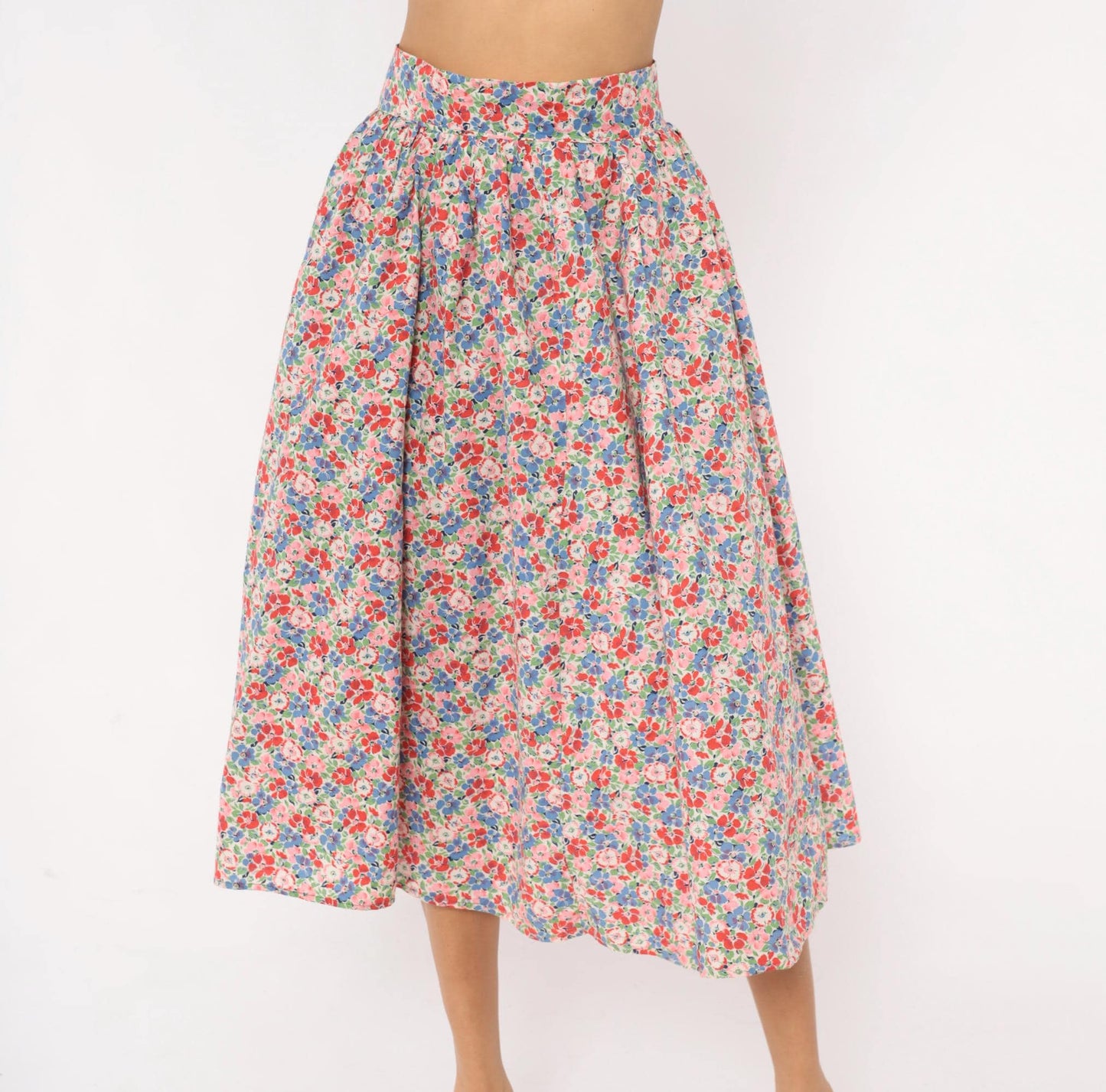 80s Floral Midi Skirt Pink Blue Calico Print High-Rise Pleated Small