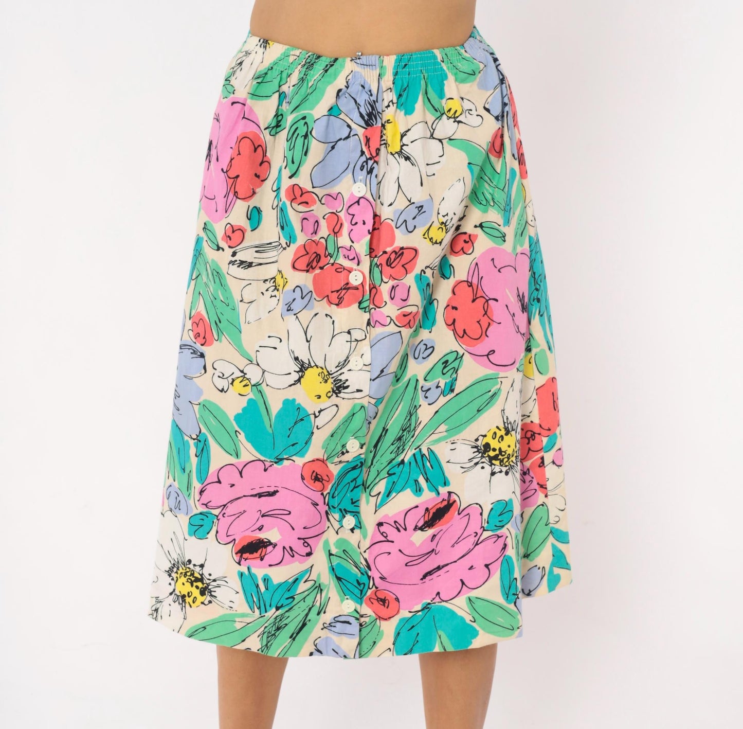90s Floral Button Front Midi Skirt Cream Watercolor Cotton Small